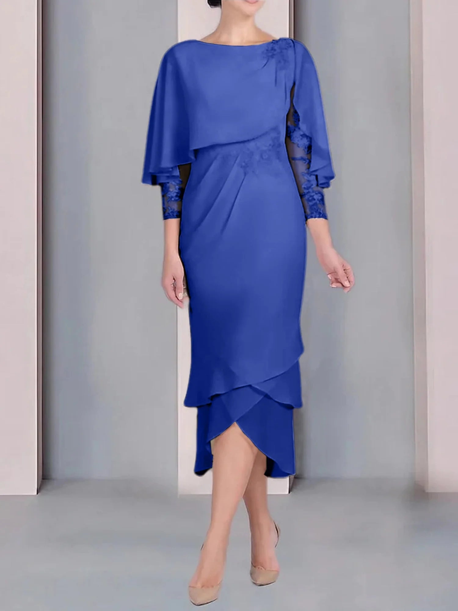 Vestido para madre de la novia de manga corta, largo hasta la rodilla, con apliques de encaje y corte cilíndrico tipo cuchara