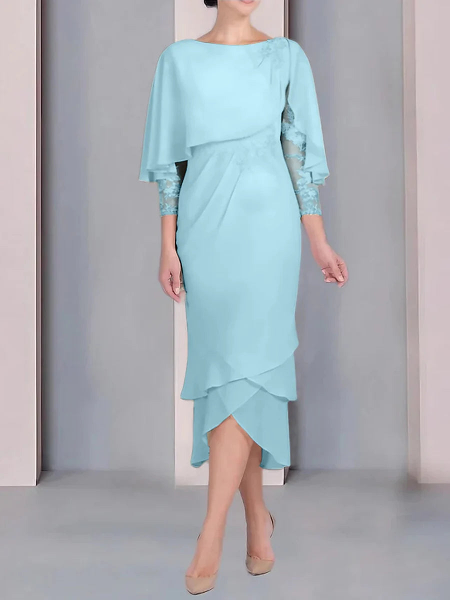 Vestido para madre de la novia de manga corta, largo hasta la rodilla, con apliques de encaje y corte cilíndrico tipo cuchara