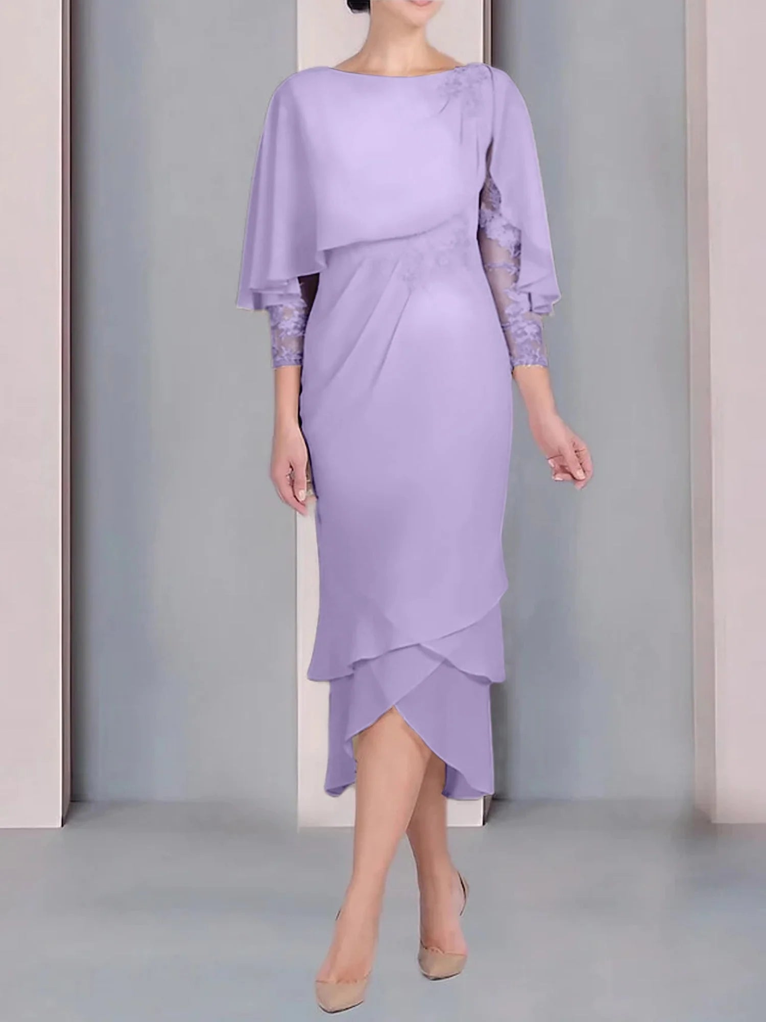 Vestido para madre de la novia de manga corta, largo hasta la rodilla, con apliques de encaje y corte cilíndrico tipo cuchara