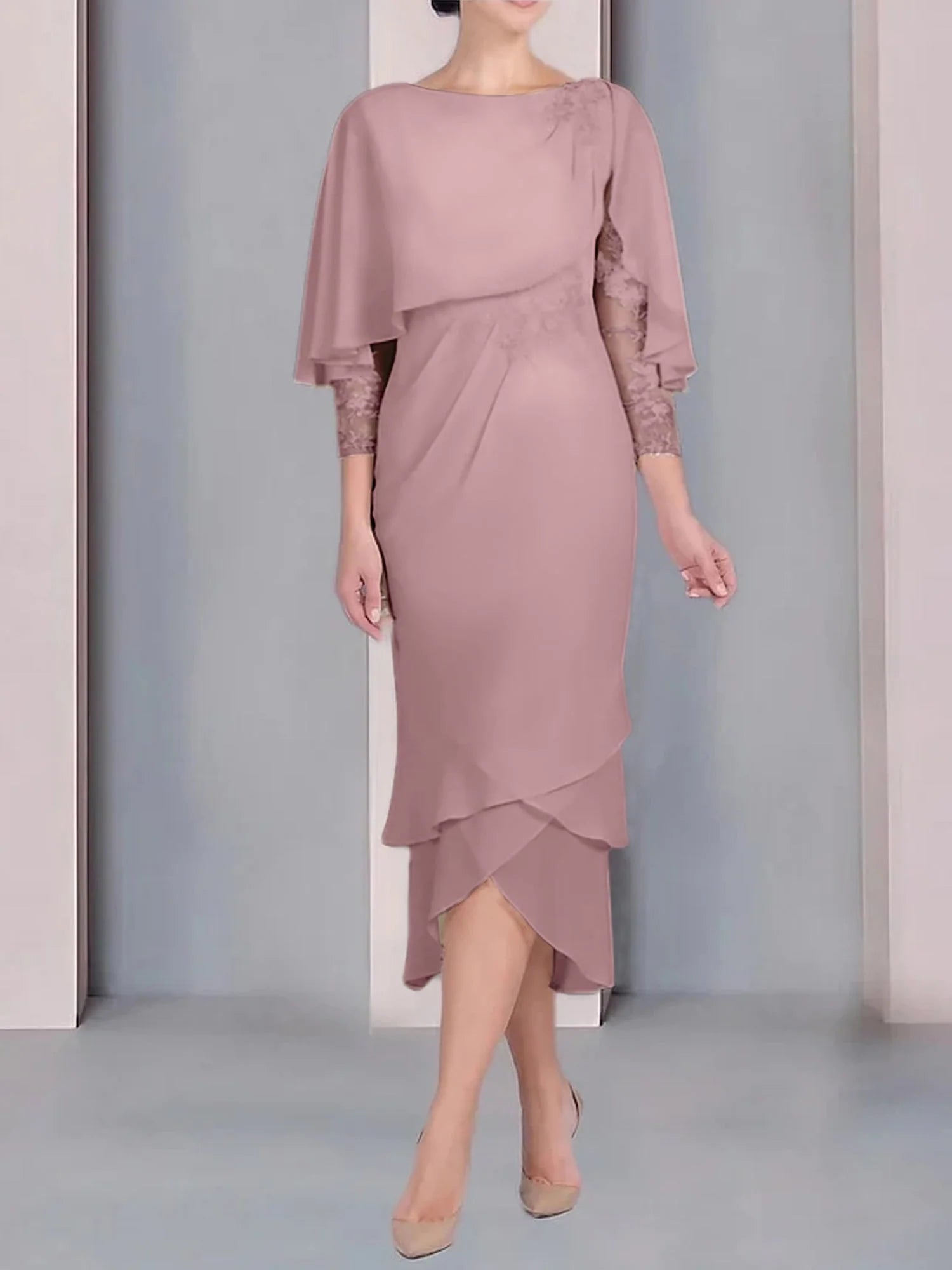 Vestido para madre de la novia de manga corta, largo hasta la rodilla, con apliques de encaje y corte cilíndrico tipo cuchara