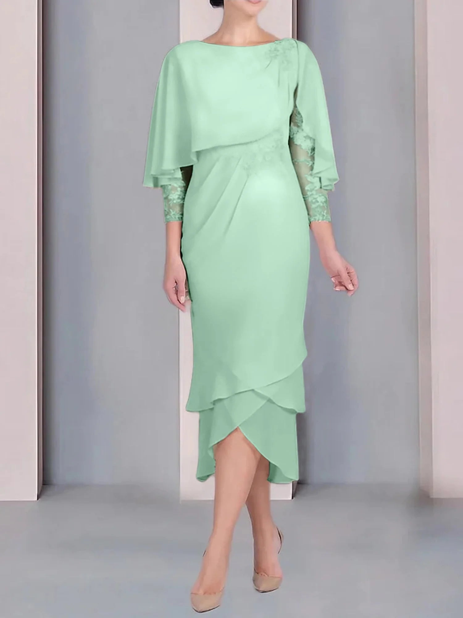 Vestido para madre de la novia de manga corta, largo hasta la rodilla, con apliques de encaje y corte cilíndrico tipo cuchara