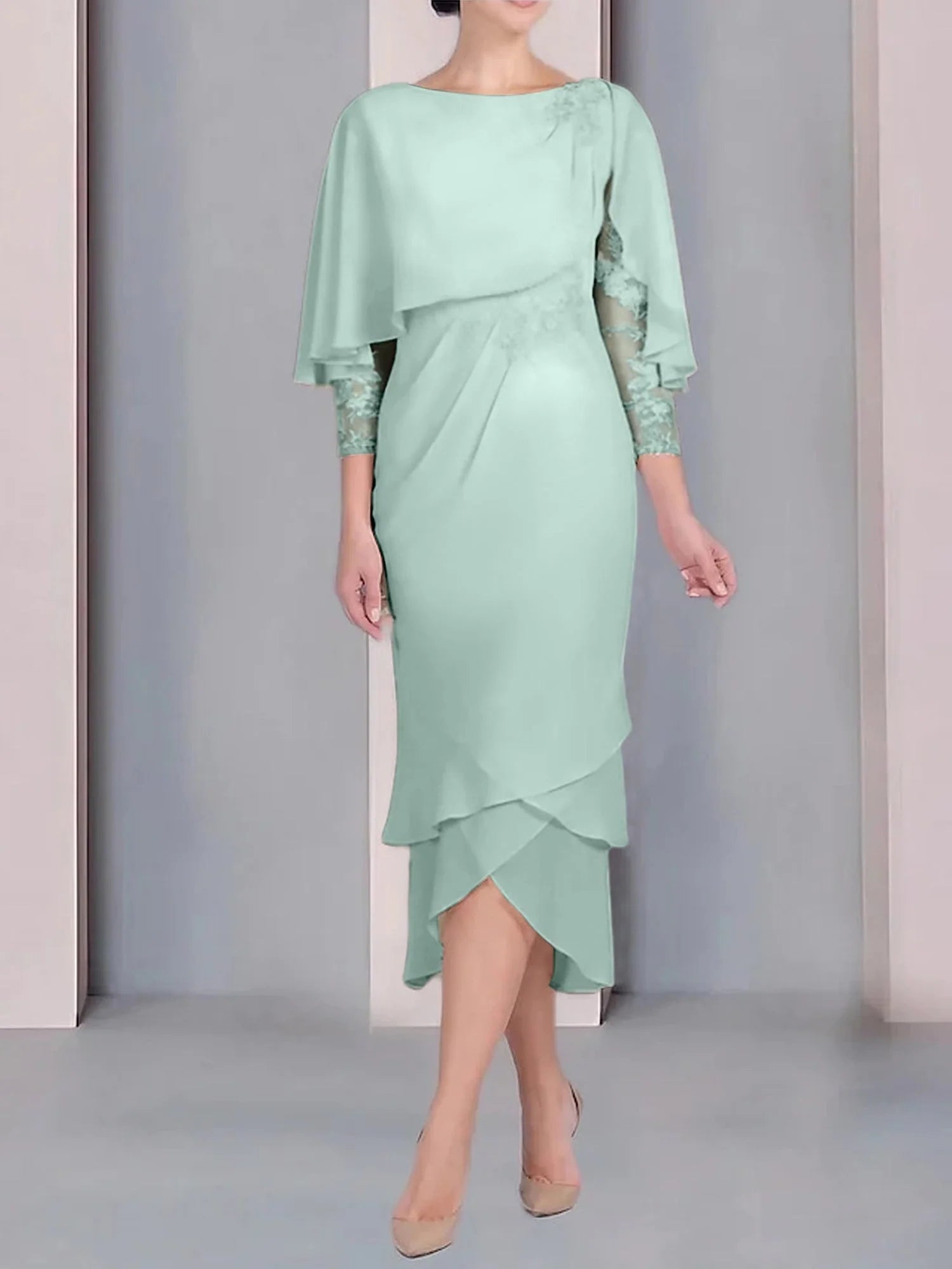 Vestido para madre de la novia de manga corta, largo hasta la rodilla, con apliques de encaje y corte cilíndrico tipo cuchara