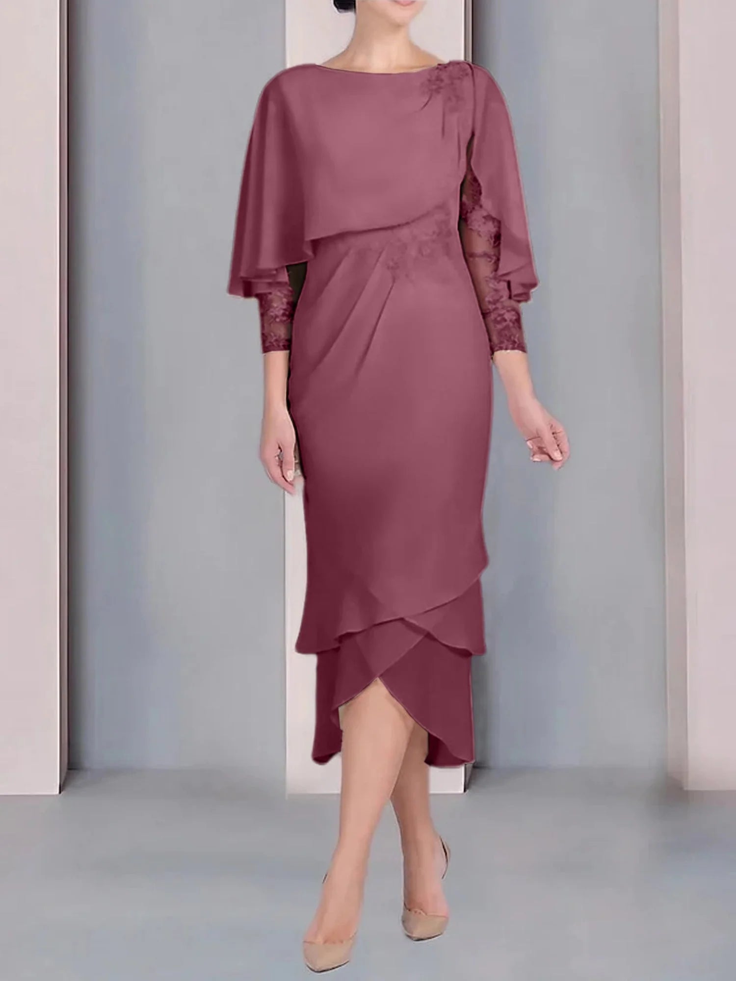 Vestido para madre de la novia de manga corta, largo hasta la rodilla, con apliques de encaje y corte cilíndrico tipo cuchara