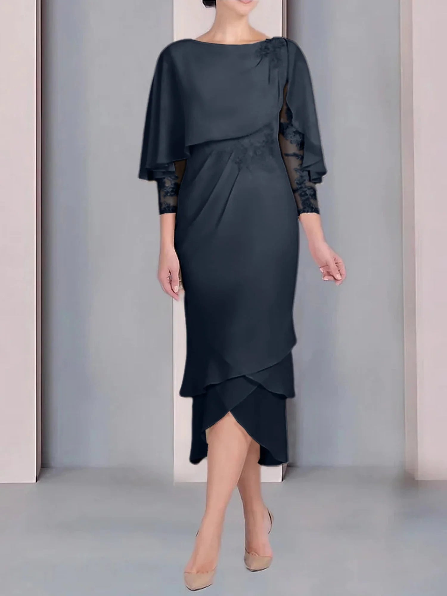 Vestido para madre de la novia de manga corta, largo hasta la rodilla, con apliques de encaje y corte cilíndrico tipo cuchara