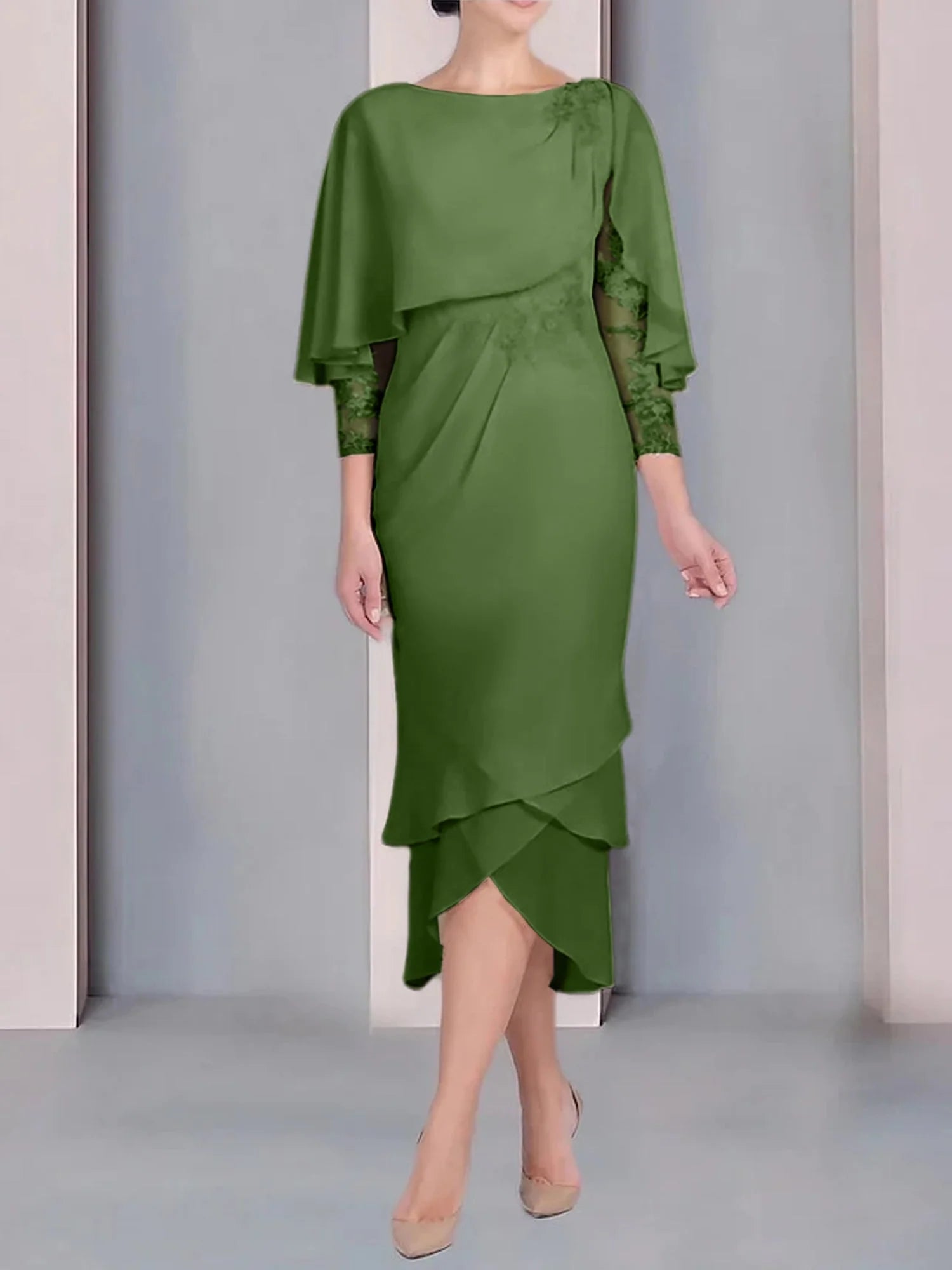 Vestido para madre de la novia de manga corta, largo hasta la rodilla, con apliques de encaje y corte cilíndrico tipo cuchara