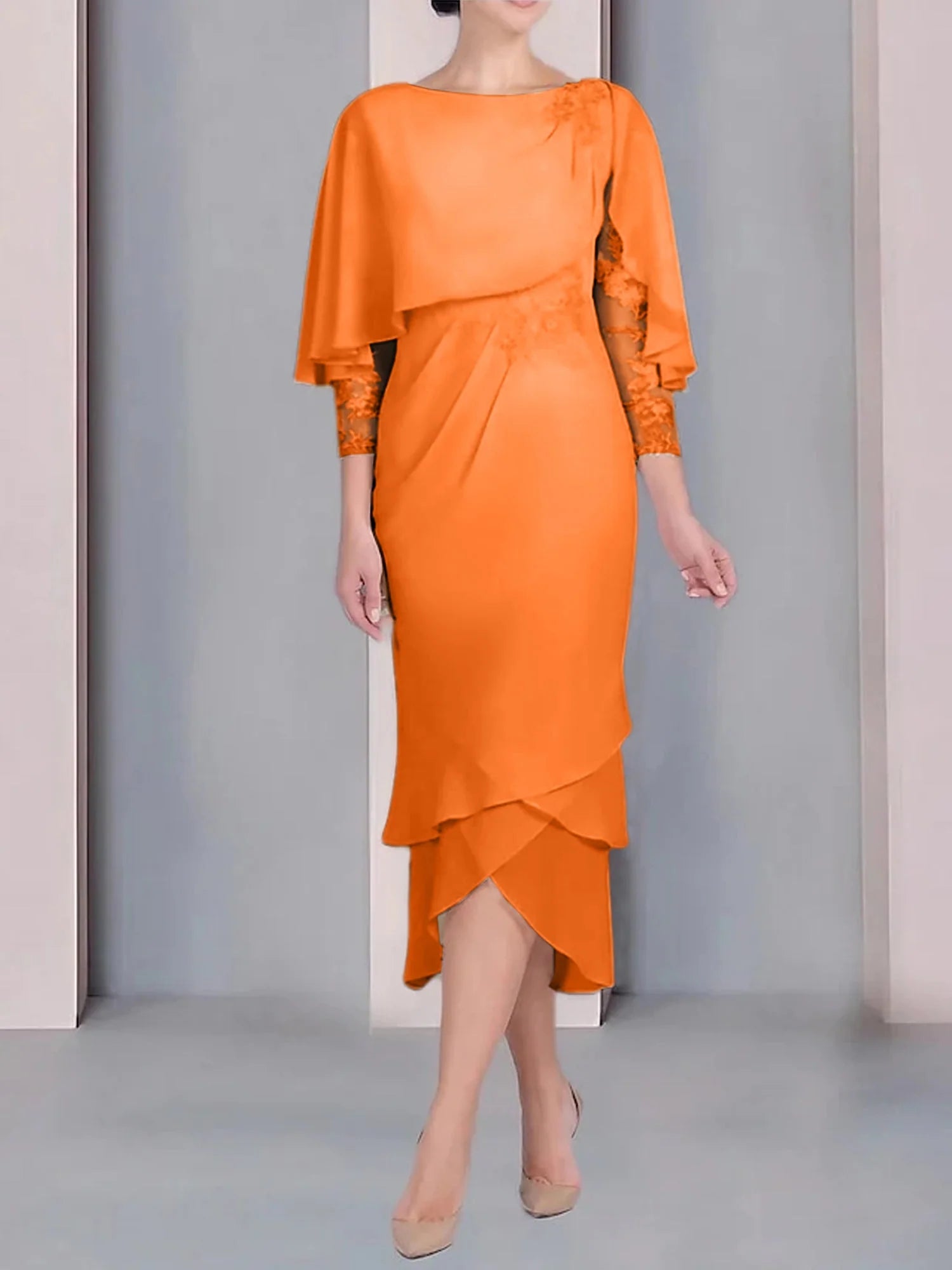 Vestido para madre de la novia de manga corta, largo hasta la rodilla, con apliques de encaje y corte cilíndrico tipo cuchara