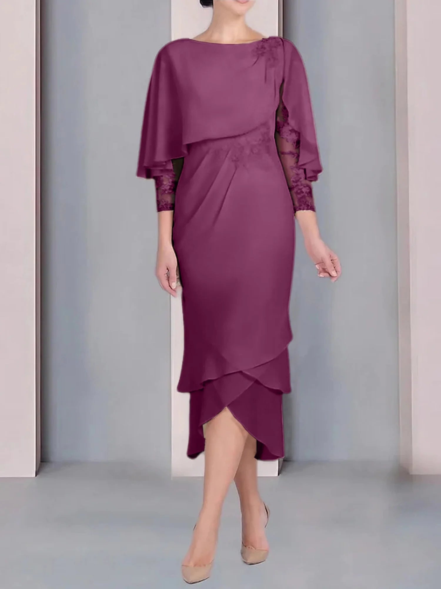 Vestido para madre de la novia de manga corta, largo hasta la rodilla, con apliques de encaje y corte cilíndrico tipo cuchara