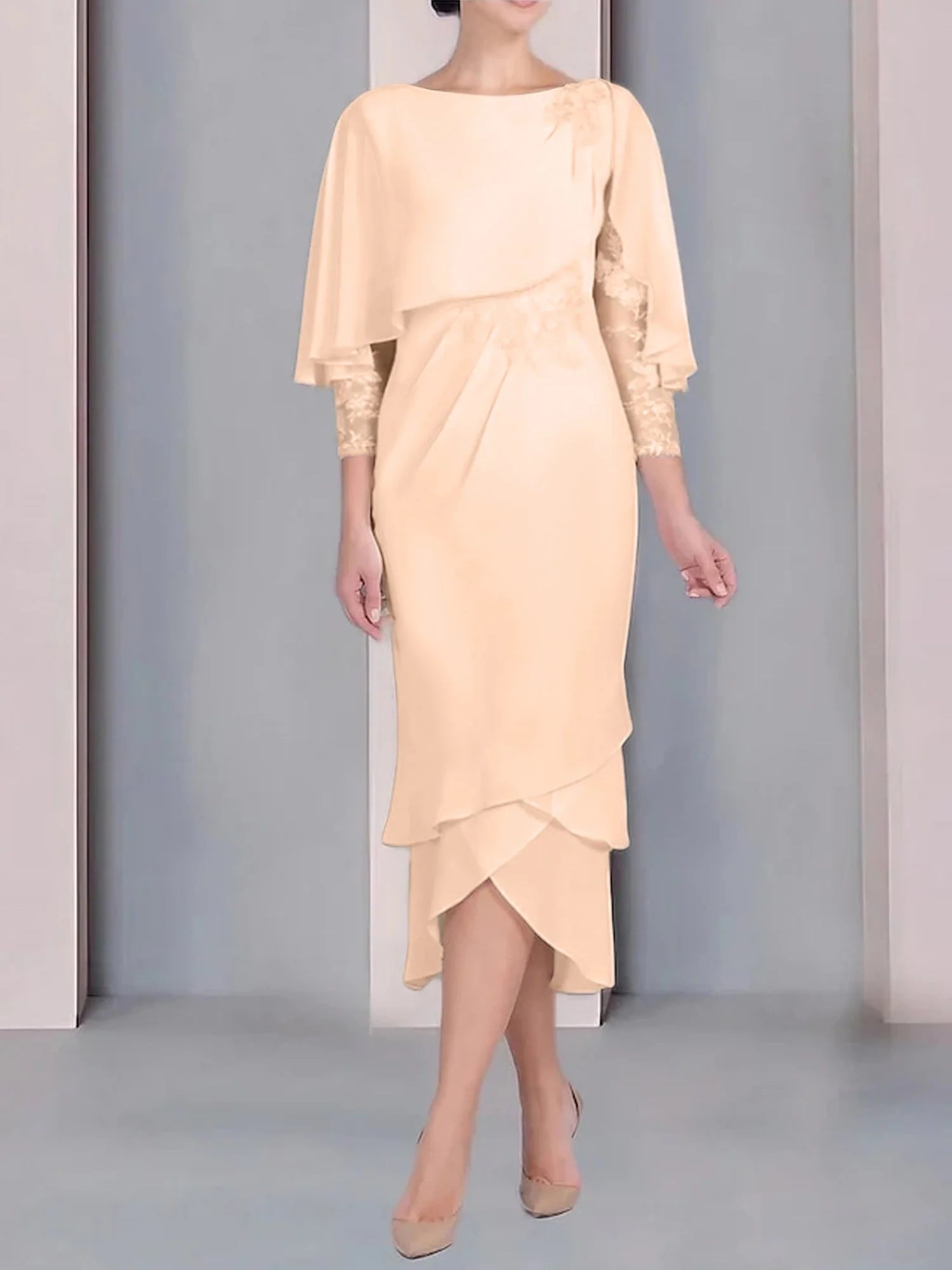 Vestido para madre de la novia de manga corta, largo hasta la rodilla, con apliques de encaje y corte cilíndrico tipo cuchara