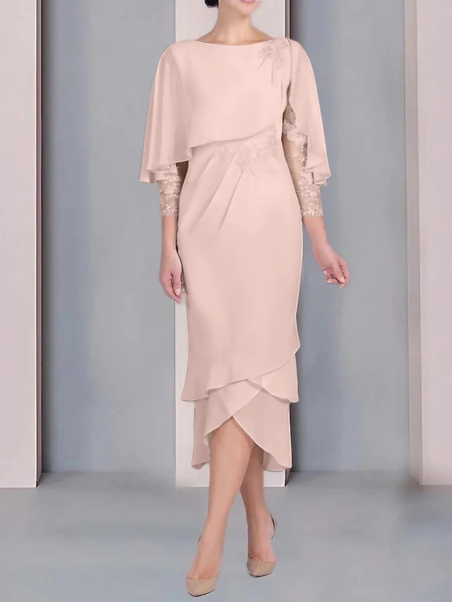 Vestido para madre de la novia de manga corta, largo hasta la rodilla, con apliques de encaje y corte cilíndrico tipo cuchara