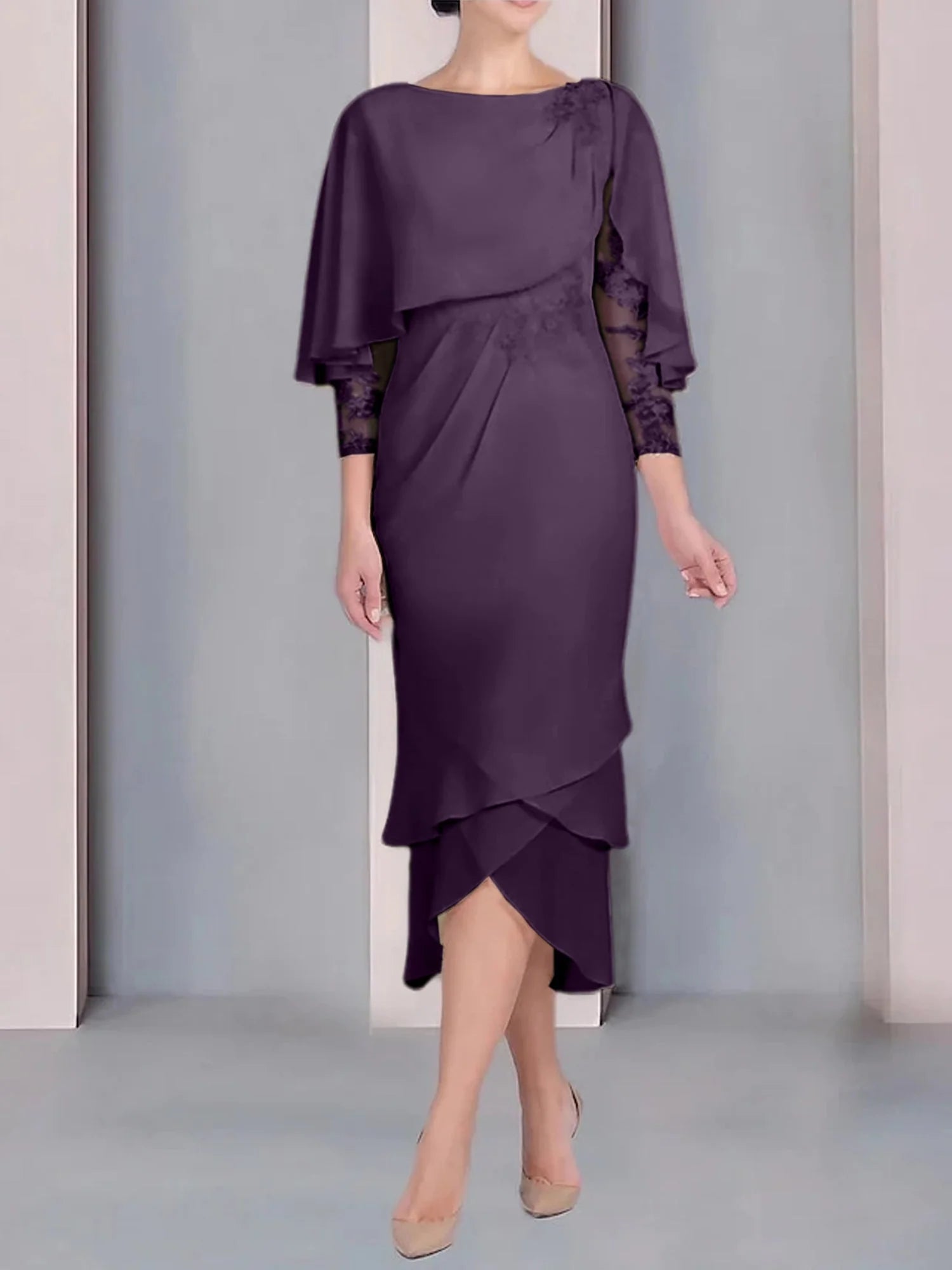 Vestido para madre de la novia de manga corta, largo hasta la rodilla, con apliques de encaje y corte cilíndrico tipo cuchara