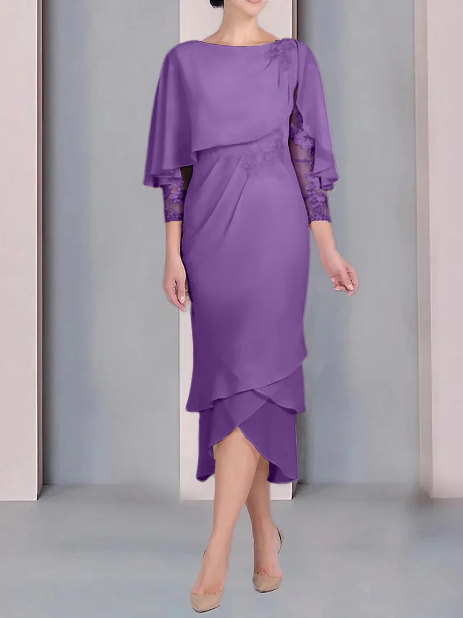 Vestido para madre de la novia de manga corta, largo hasta la rodilla, con apliques de encaje y corte cilíndrico tipo cuchara