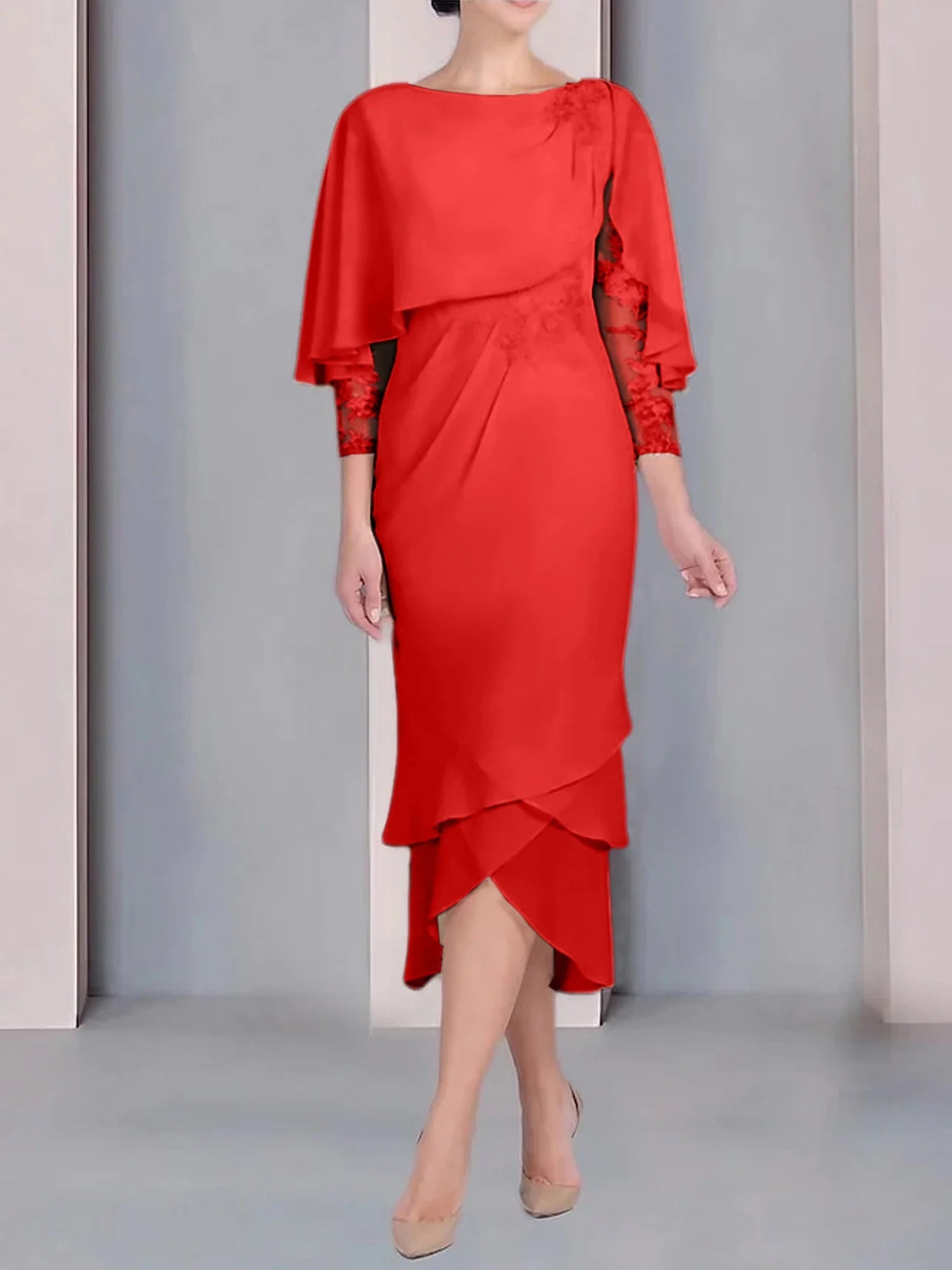 Vestido para madre de la novia de manga corta, largo hasta la rodilla, con apliques de encaje y corte cilíndrico tipo cuchara