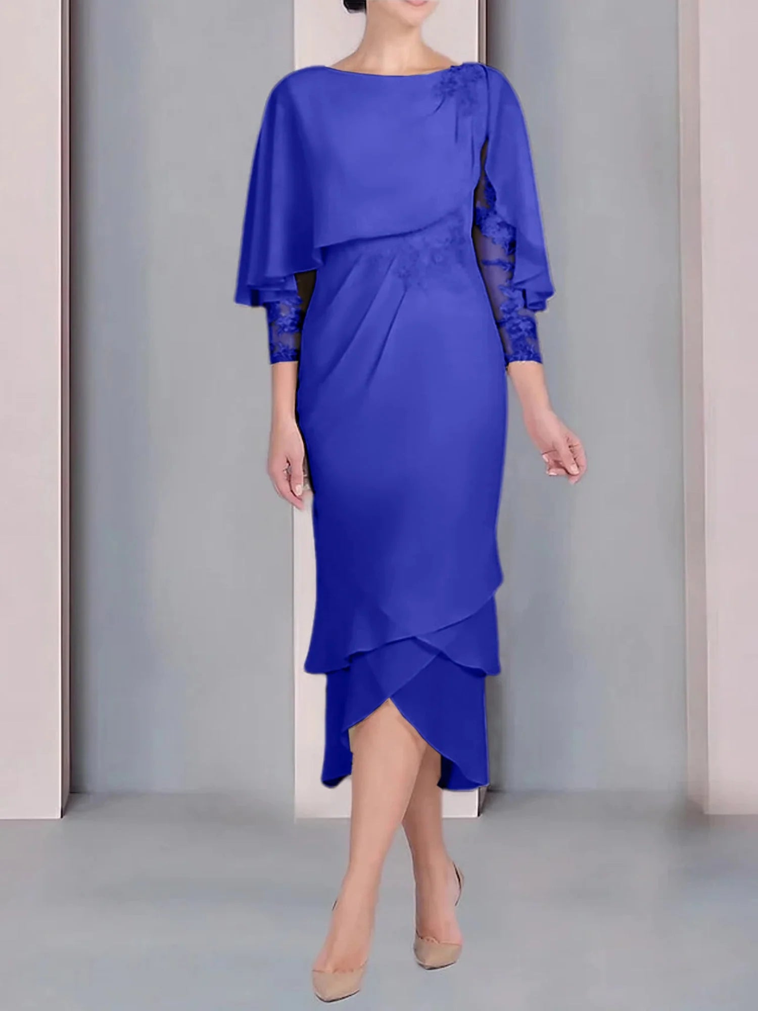 Vestido para madre de la novia de manga corta, largo hasta la rodilla, con apliques de encaje y corte cilíndrico tipo cuchara