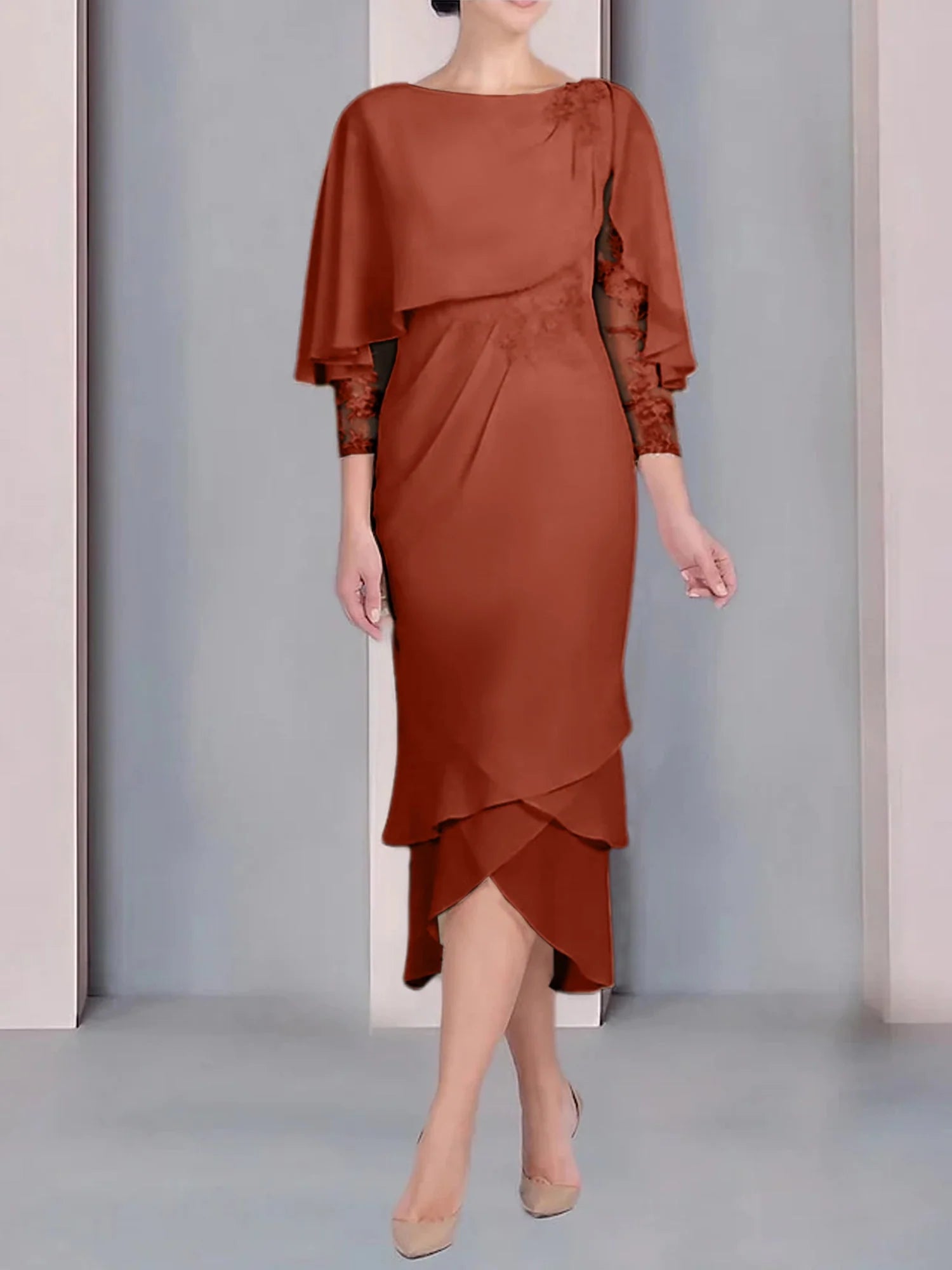 Vestido para madre de la novia de manga corta, largo hasta la rodilla, con apliques de encaje y corte cilíndrico tipo cuchara