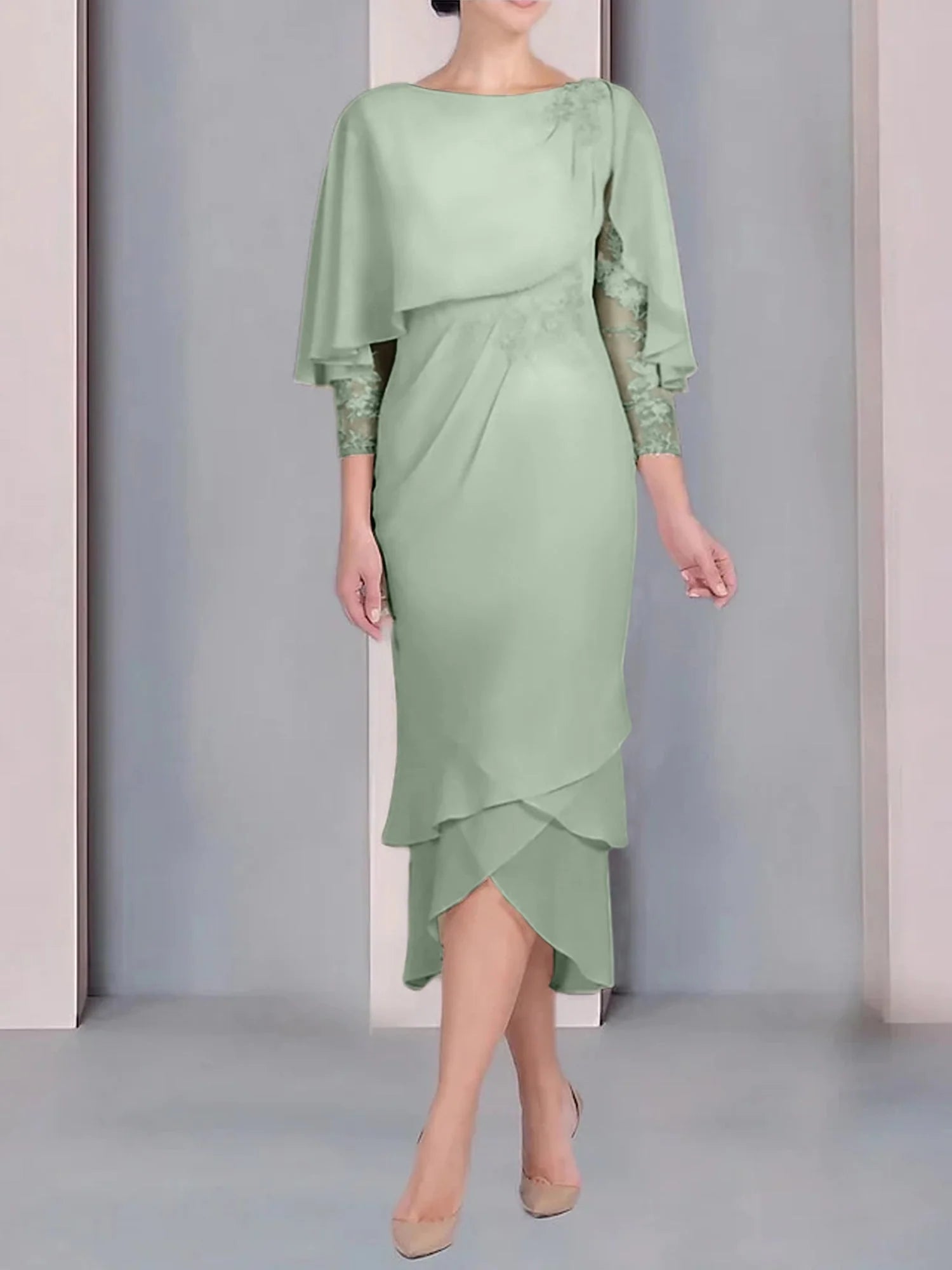 Vestido para madre de la novia de manga corta, largo hasta la rodilla, con apliques de encaje y corte cilíndrico tipo cuchara