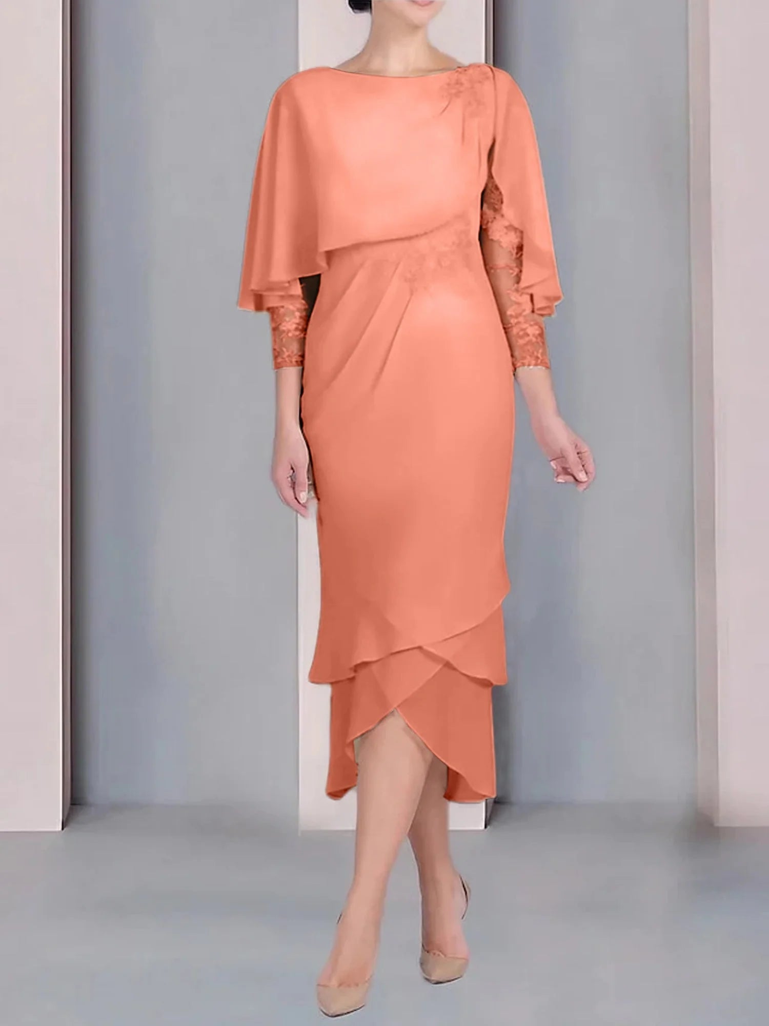 Vestido para madre de la novia de manga corta, largo hasta la rodilla, con apliques de encaje y corte cilíndrico tipo cuchara