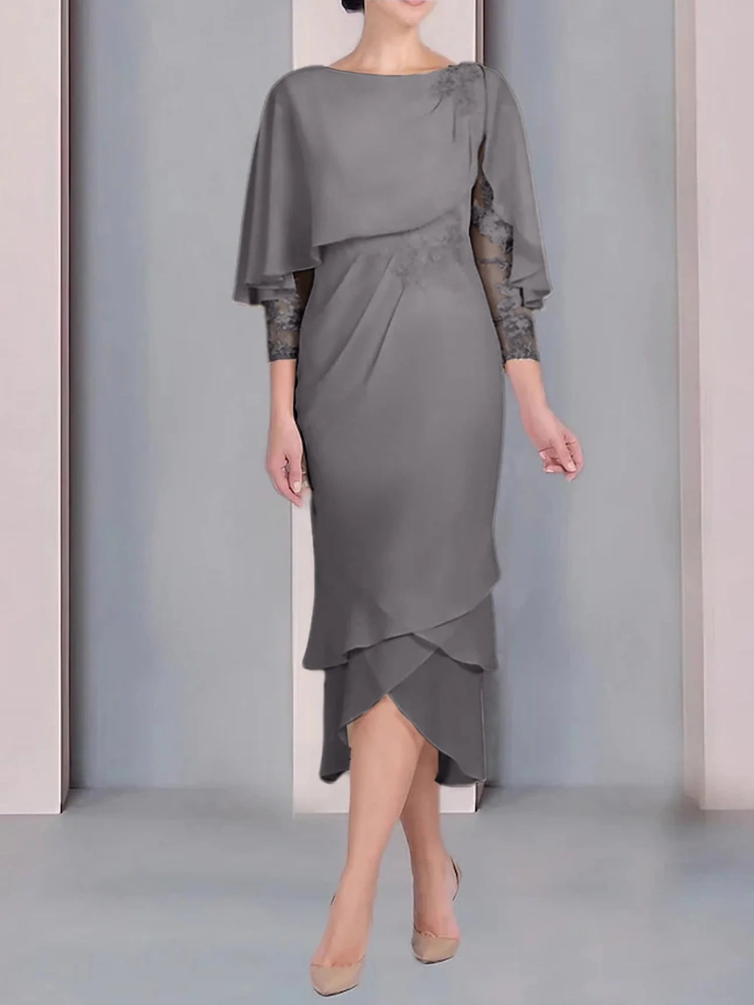 Vestido para madre de la novia de manga corta, largo hasta la rodilla, con apliques de encaje y corte cilíndrico tipo cuchara