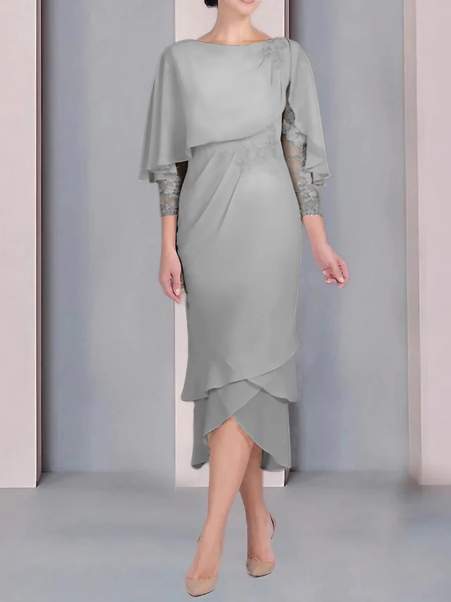 Vestido para madre de la novia de manga corta, largo hasta la rodilla, con apliques de encaje y corte cilíndrico tipo cuchara