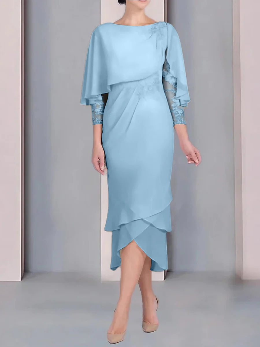 Vestido para madre de la novia de manga corta, largo hasta la rodilla, con apliques de encaje y corte cilíndrico tipo cuchara