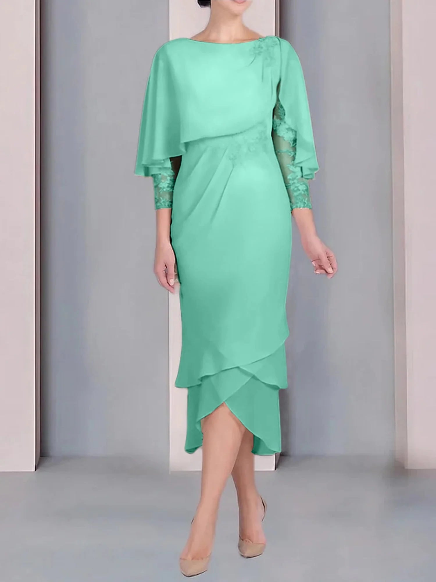 Vestido para madre de la novia de manga corta, largo hasta la rodilla, con apliques de encaje y corte cilíndrico tipo cuchara