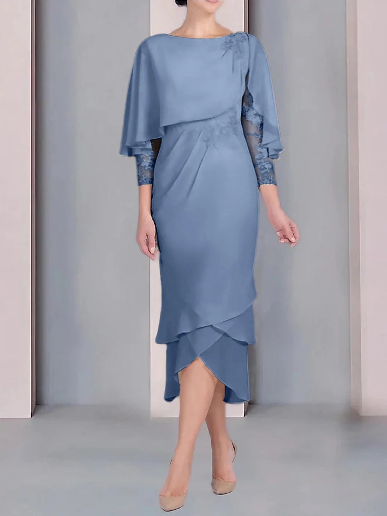 Vestido para madre de la novia de manga corta, largo hasta la rodilla, con apliques de encaje y corte cilíndrico tipo cuchara