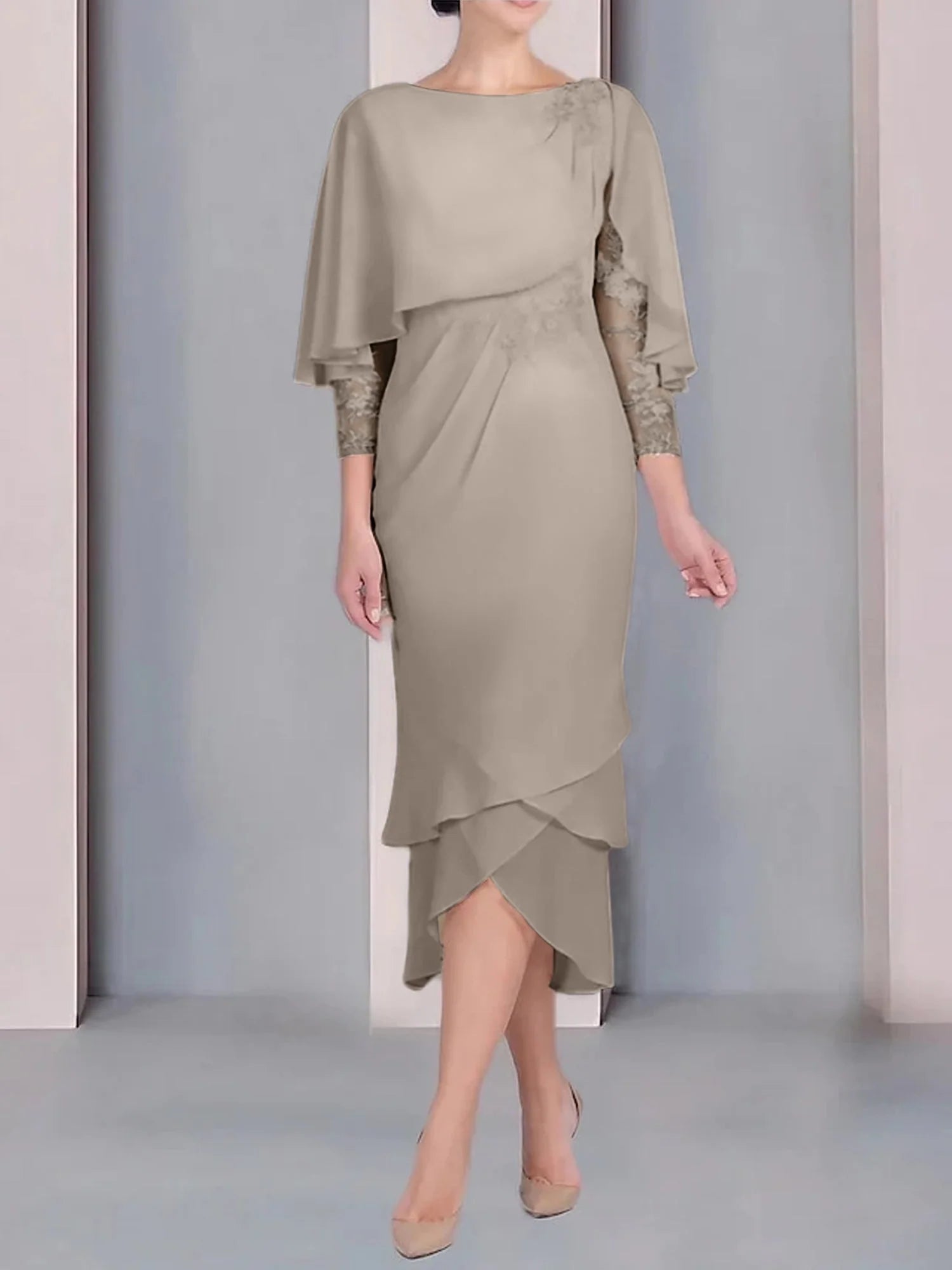 Vestido para madre de la novia de manga corta, largo hasta la rodilla, con apliques de encaje y corte cilíndrico tipo cuchara