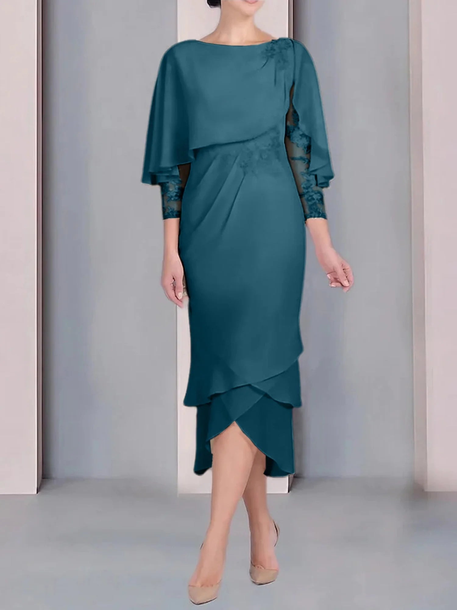 Vestido para madre de la novia de manga corta, largo hasta la rodilla, con apliques de encaje y corte cilíndrico tipo cuchara