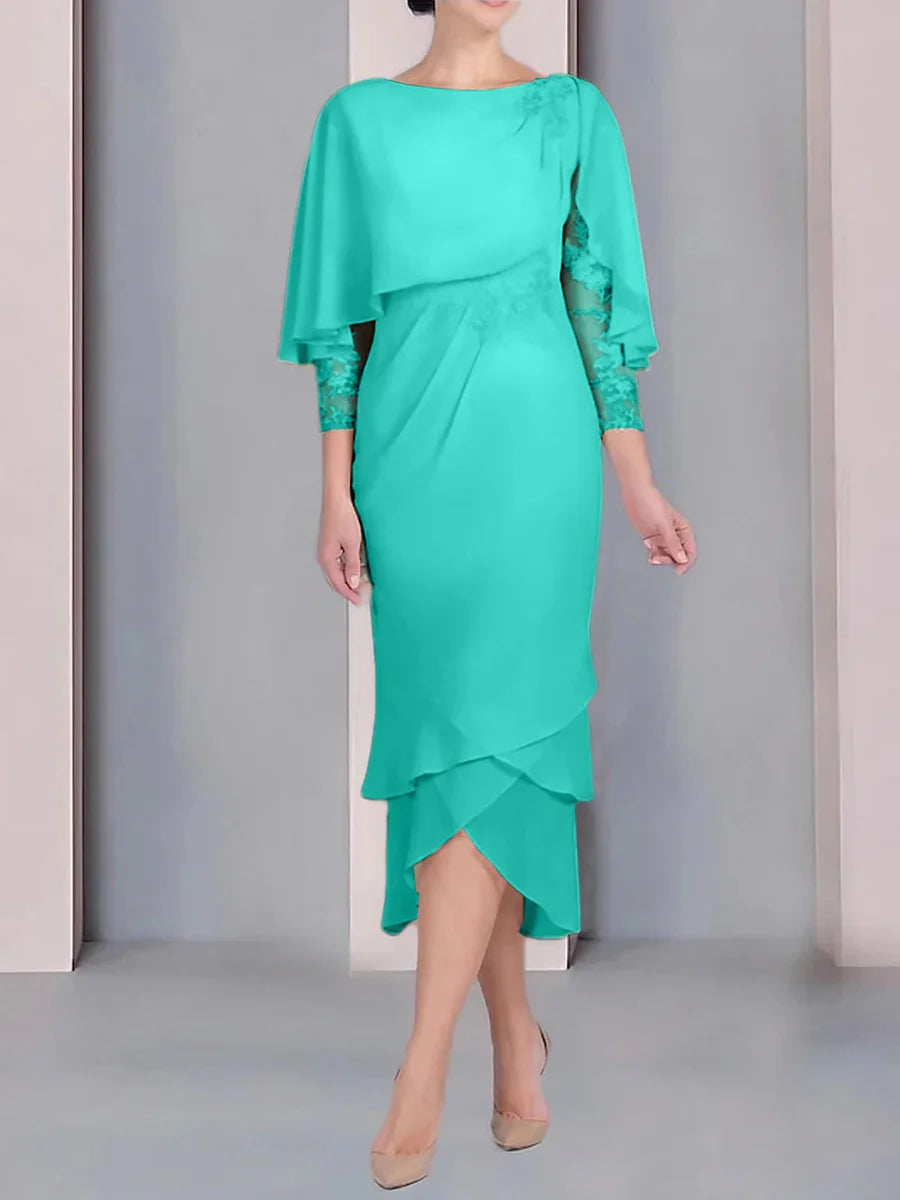 Vestido para madre de la novia de manga corta, largo hasta la rodilla, con apliques de encaje y corte cilíndrico tipo cuchara