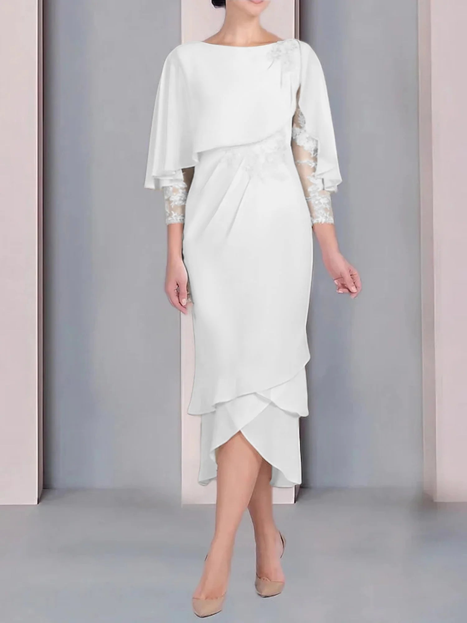 Vestido para madre de la novia de manga corta, largo hasta la rodilla, con apliques de encaje y corte cilíndrico tipo cuchara