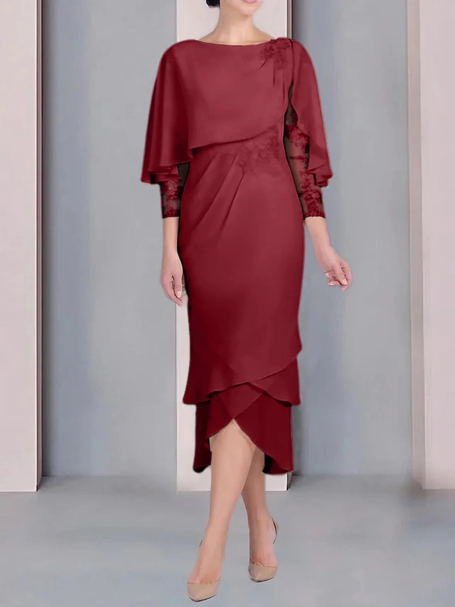 Vestido para madre de la novia de manga corta, largo hasta la rodilla, con apliques de encaje y corte cilíndrico tipo cuchara