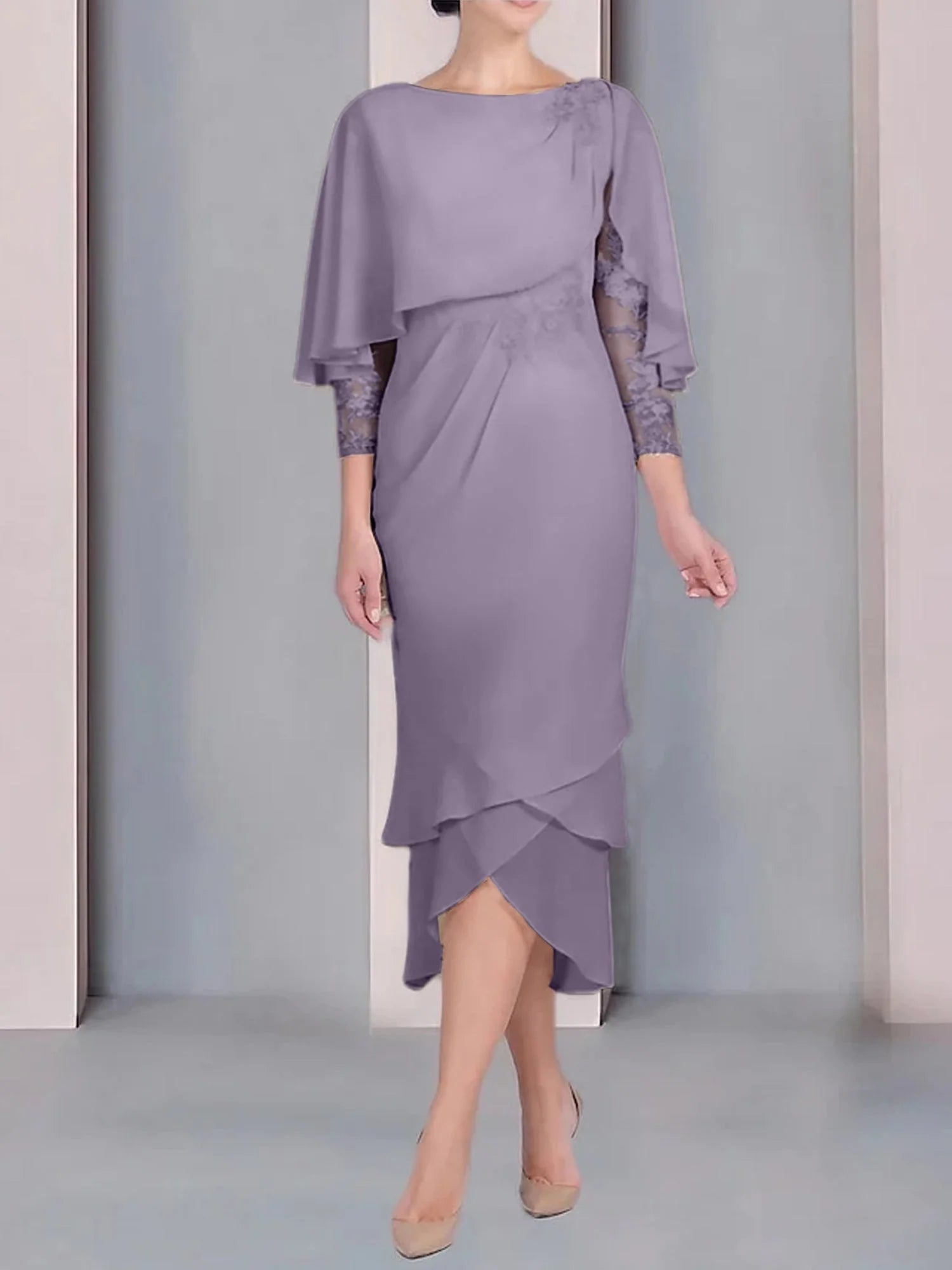 Vestido para madre de la novia de manga corta, largo hasta la rodilla, con apliques de encaje y corte cilíndrico tipo cuchara