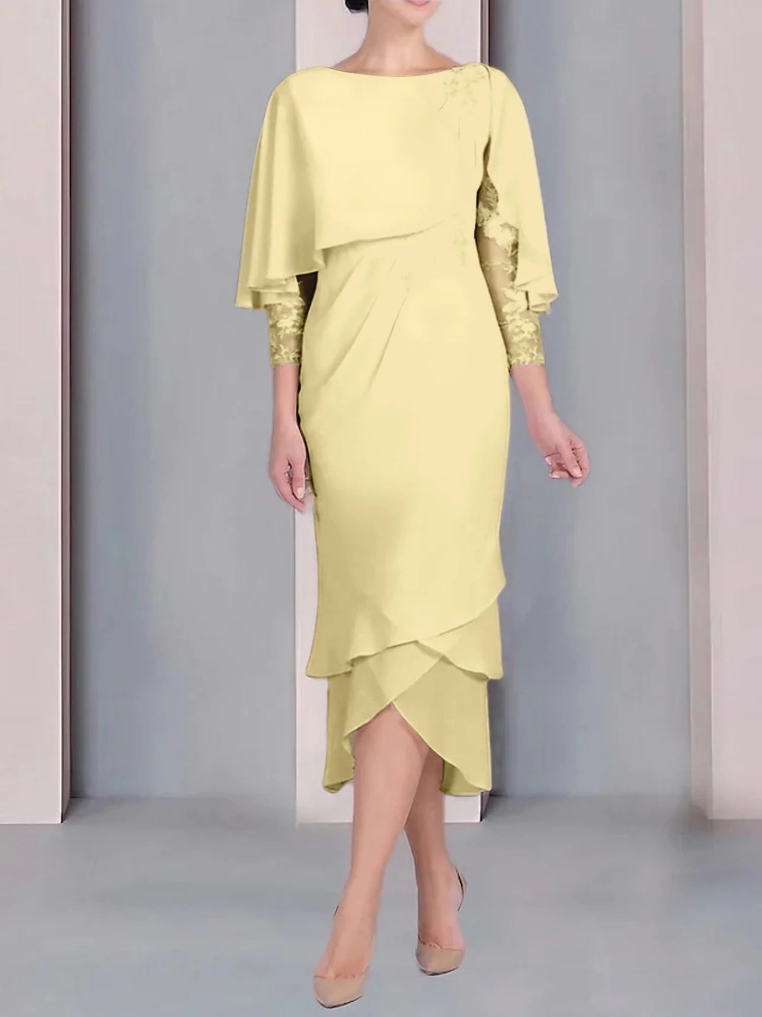 Vestido para madre de la novia de manga corta, largo hasta la rodilla, con apliques de encaje y corte cilíndrico tipo cuchara