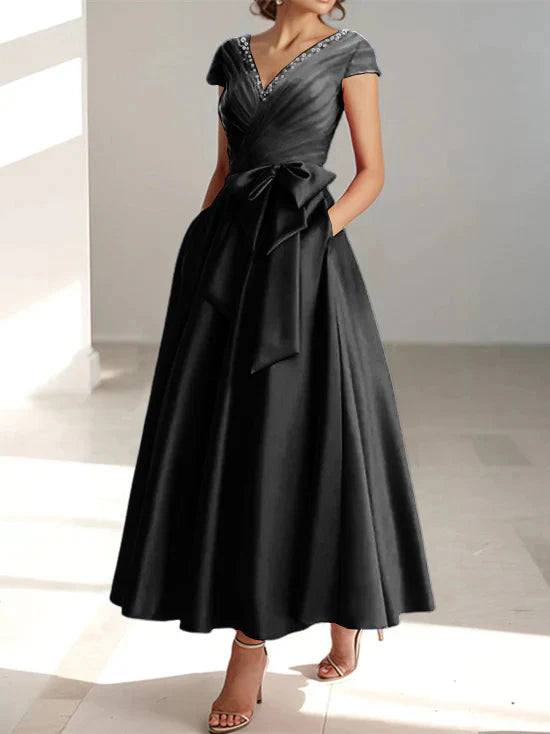 Abiti da mamma della sposa con tasche, scollo a V e stile principessa/a trapezio