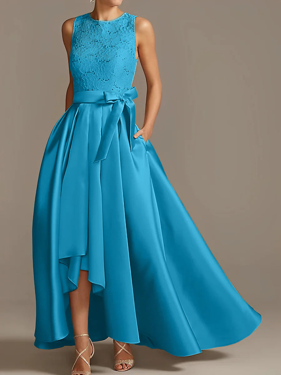 Vestido de madre de la novia de encaje plisado sin mangas con cuello princesa/línea A