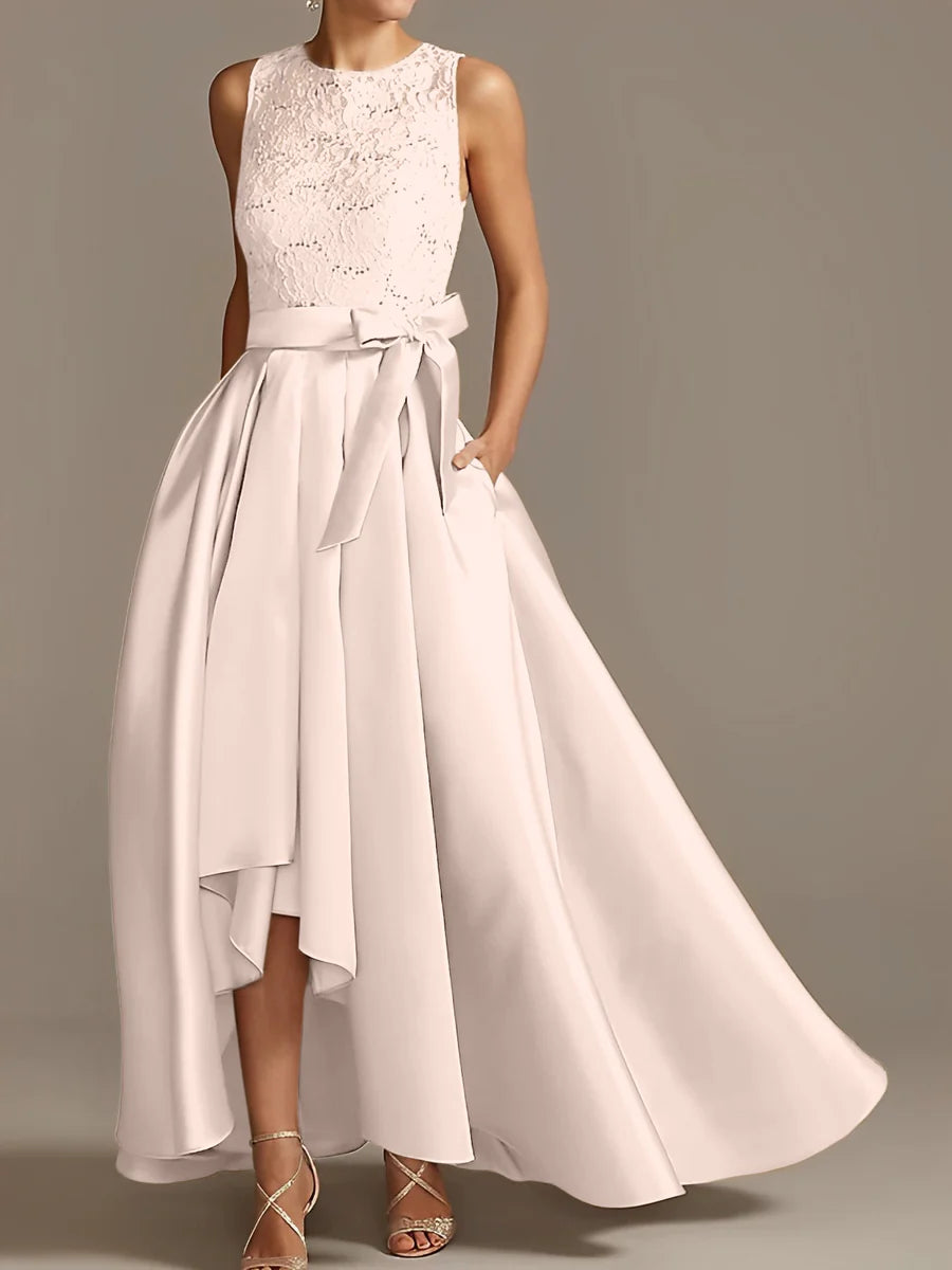 Vestido de madre de la novia de encaje plisado sin mangas con cuello princesa/línea A