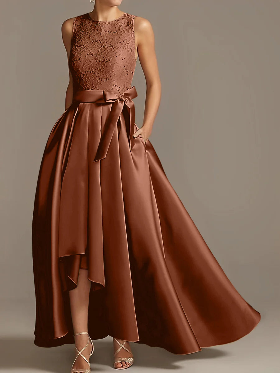 Vestido de madre de la novia de encaje plisado sin mangas con cuello princesa/línea A