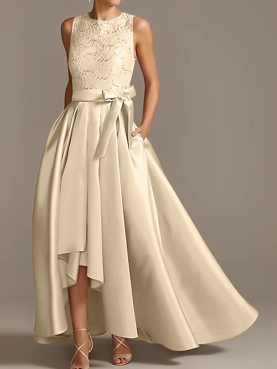 Vestido de madre de la novia de encaje plisado sin mangas con cuello princesa/línea A