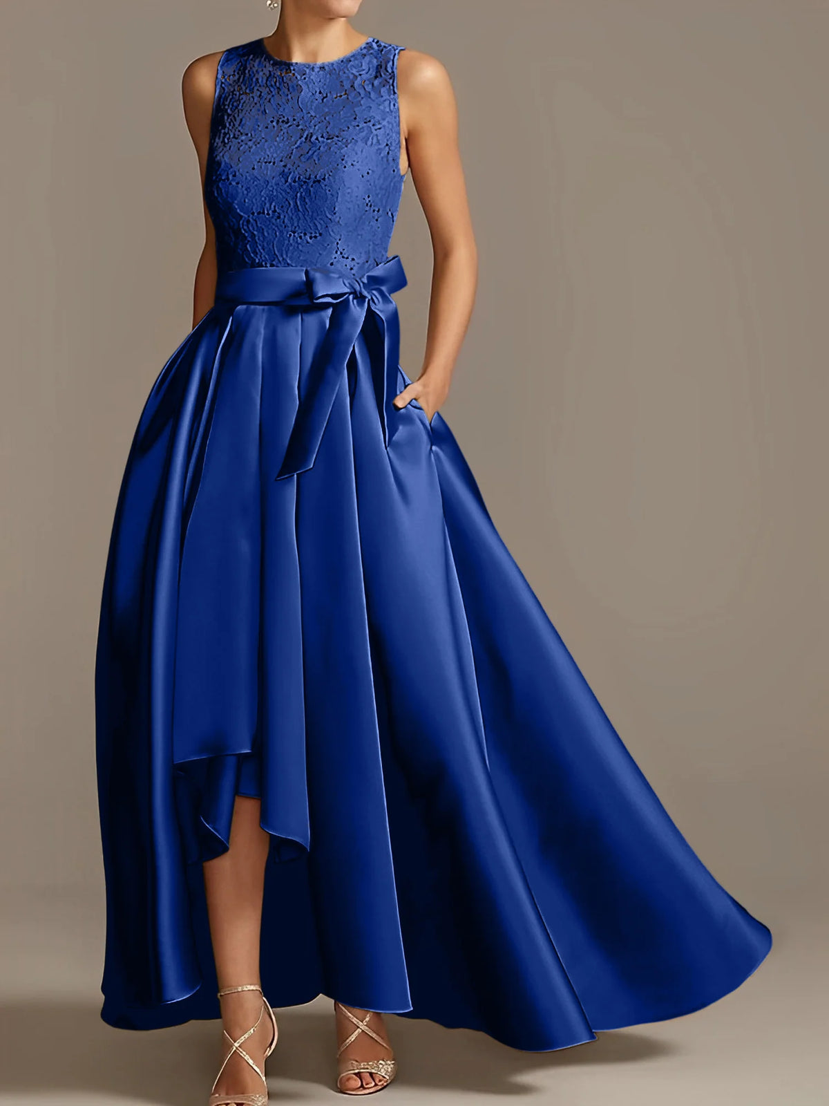 Vestido de madre de la novia de encaje plisado sin mangas con cuello princesa/línea A