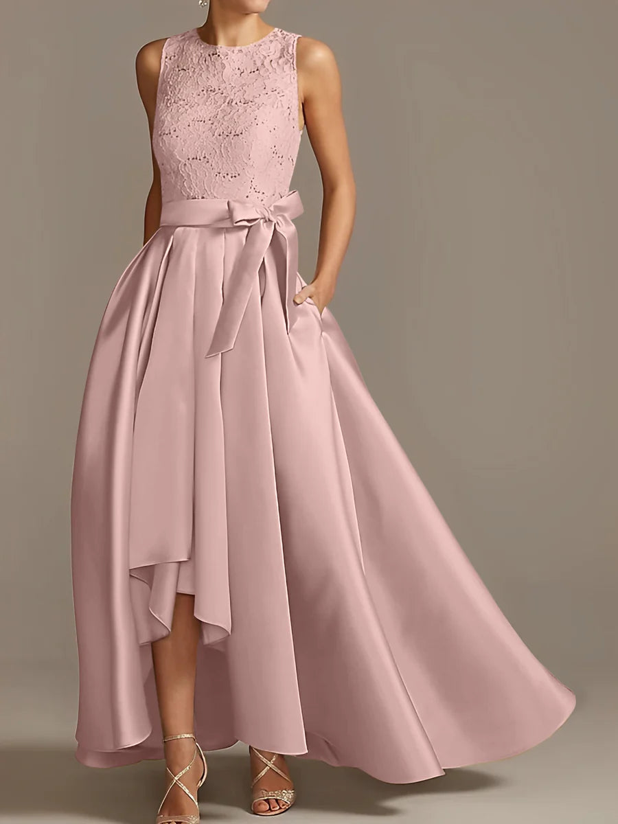 Vestido de madre de la novia de encaje plisado sin mangas con cuello princesa/línea A
