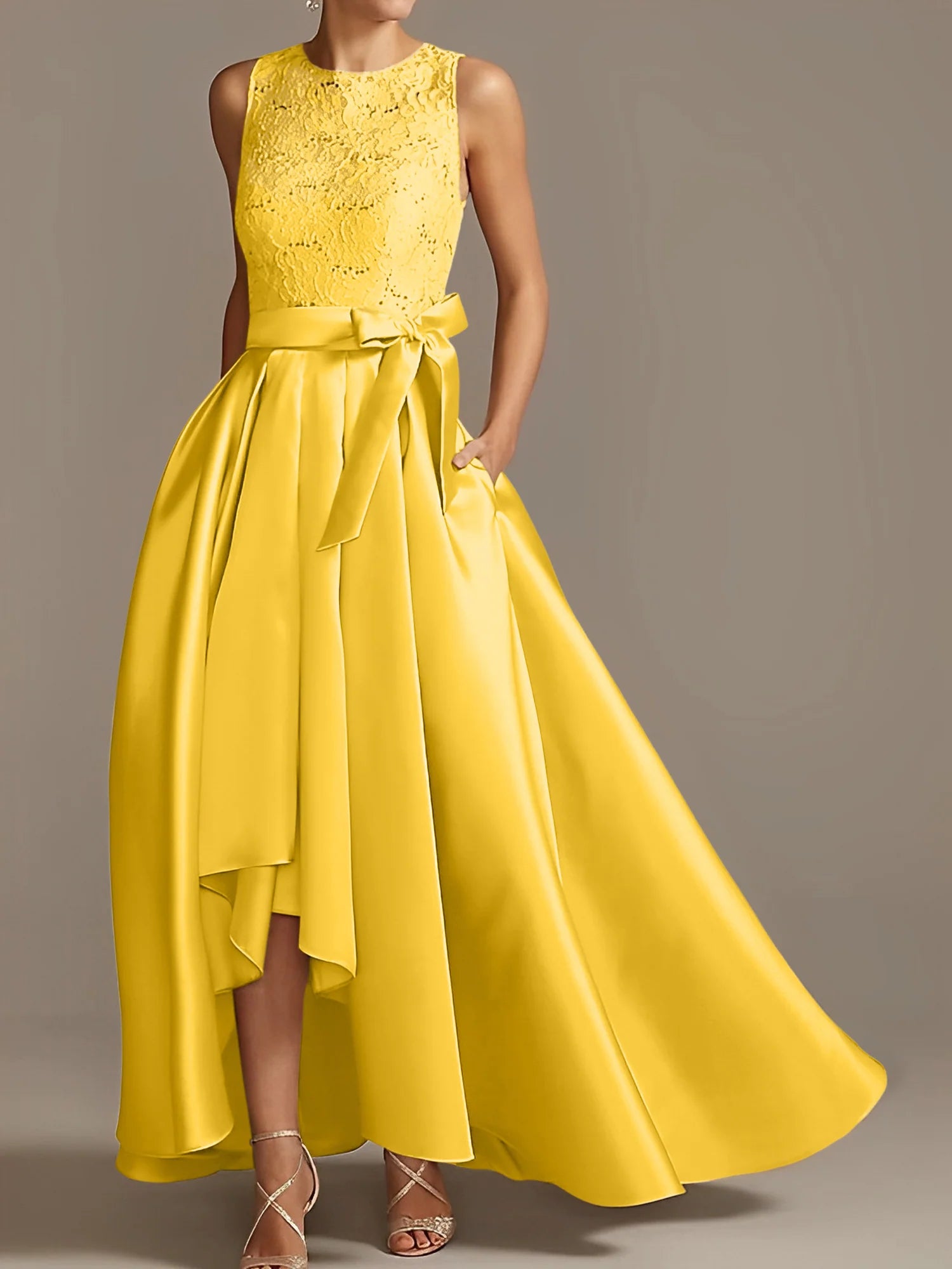 Vestido de madre de la novia de encaje plisado sin mangas con cuello princesa/línea A