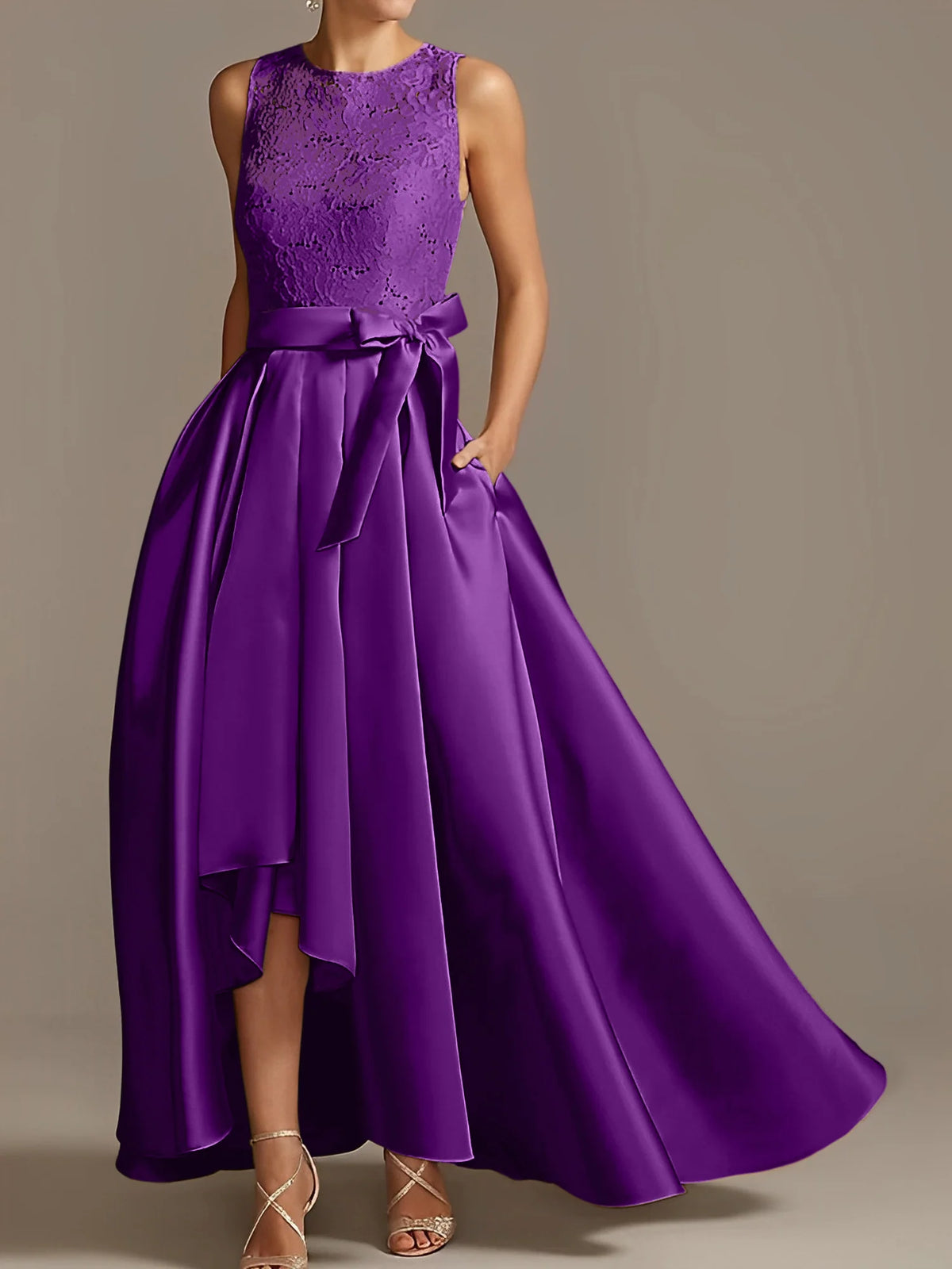 Vestido de madre de la novia de encaje plisado sin mangas con cuello princesa/línea A