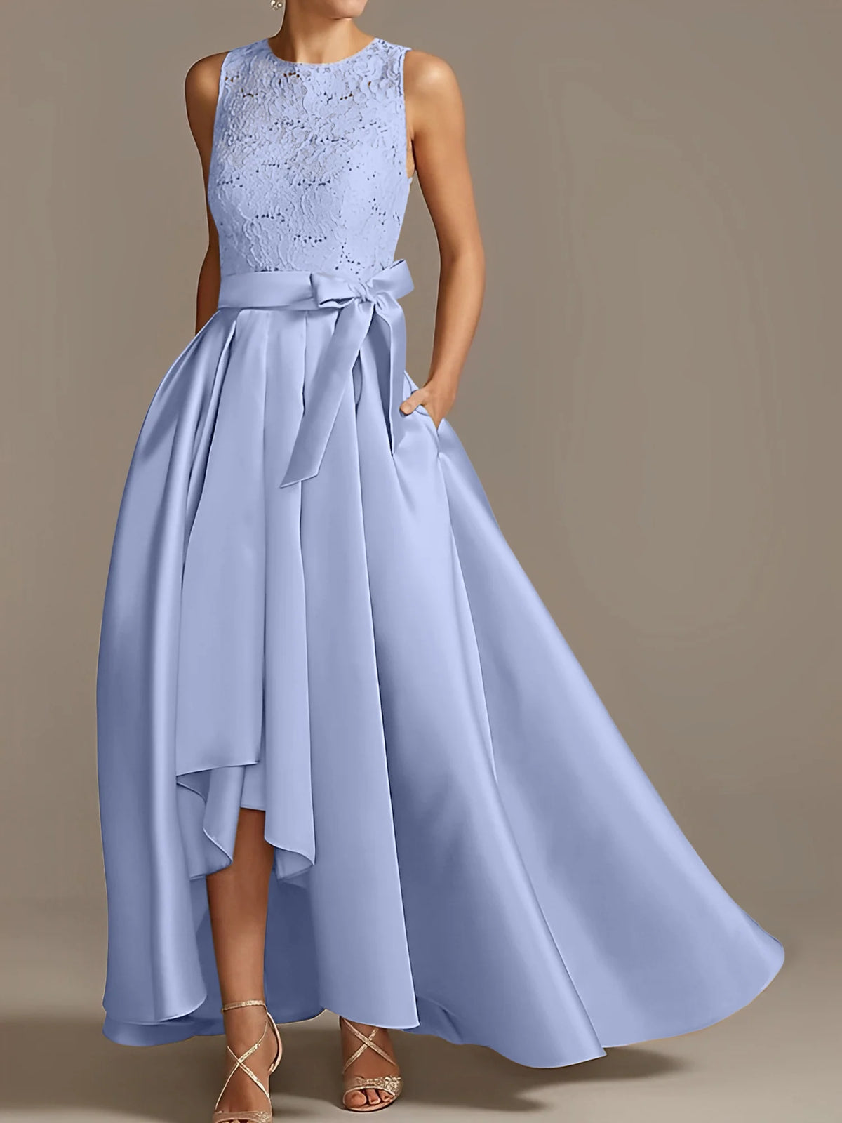 Vestido de madre de la novia de encaje plisado sin mangas con cuello princesa/línea A