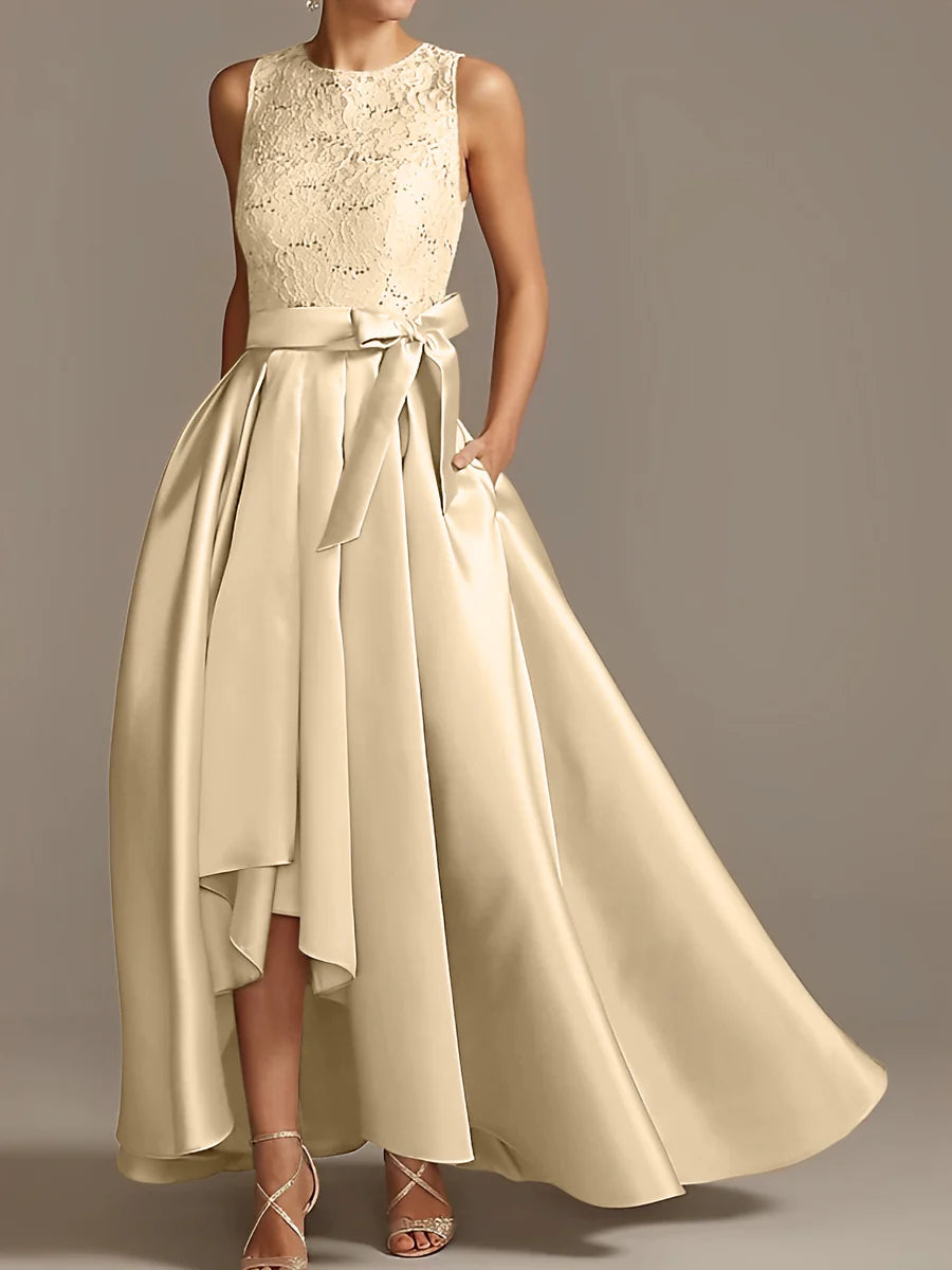 Vestido de madre de la novia de encaje plisado sin mangas con cuello princesa/línea A