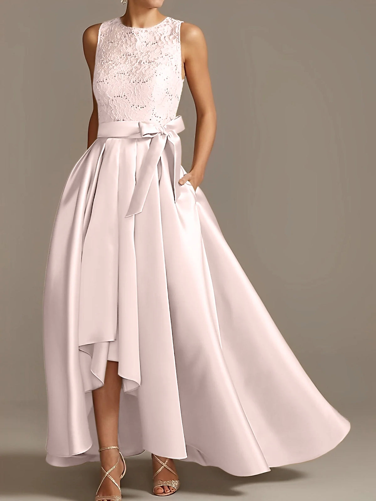 Vestido de madre de la novia de encaje plisado sin mangas con cuello princesa/línea A
