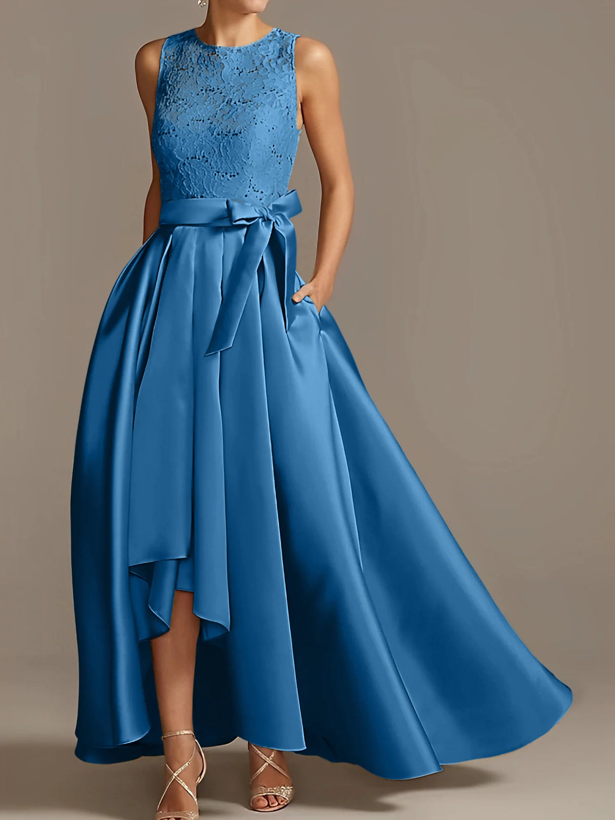 Vestido de madre de la novia de encaje plisado sin mangas con cuello princesa/línea A