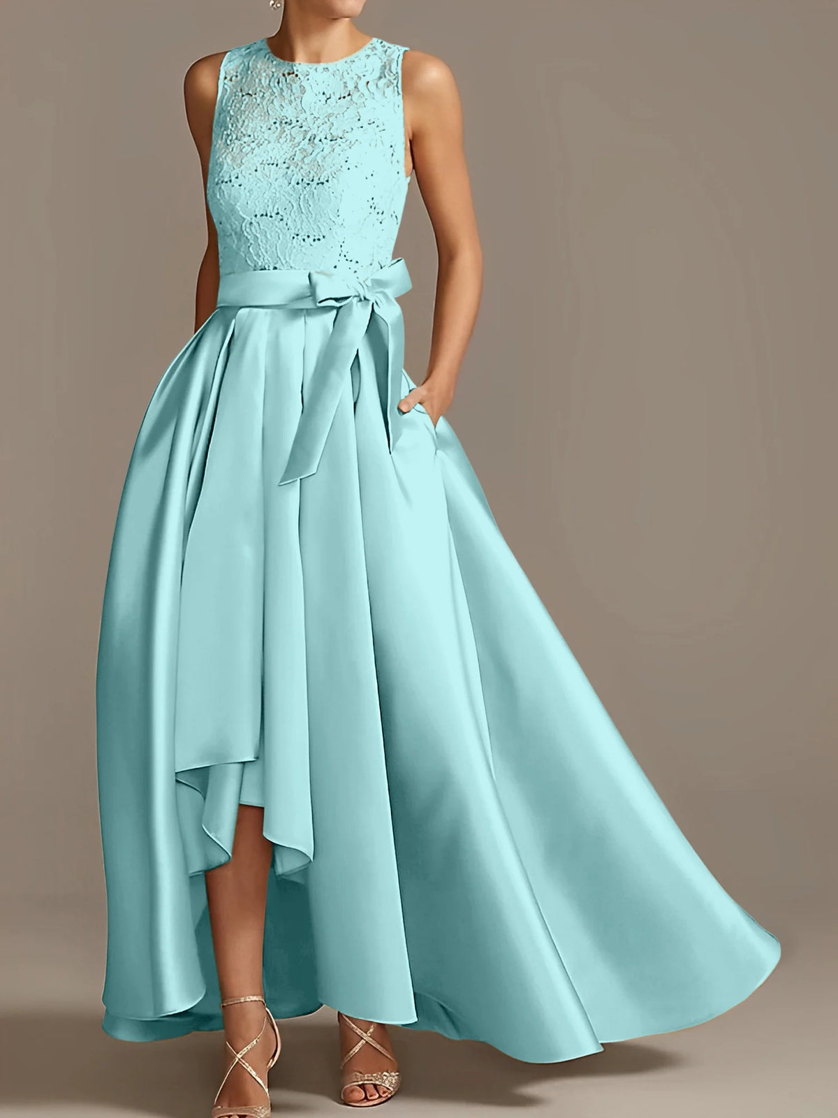 Vestido de madre de la novia de encaje plisado sin mangas con cuello princesa/línea A