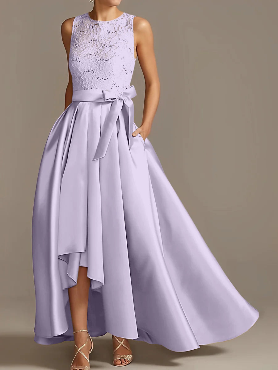 Vestido de madre de la novia de encaje plisado sin mangas con cuello princesa/línea A