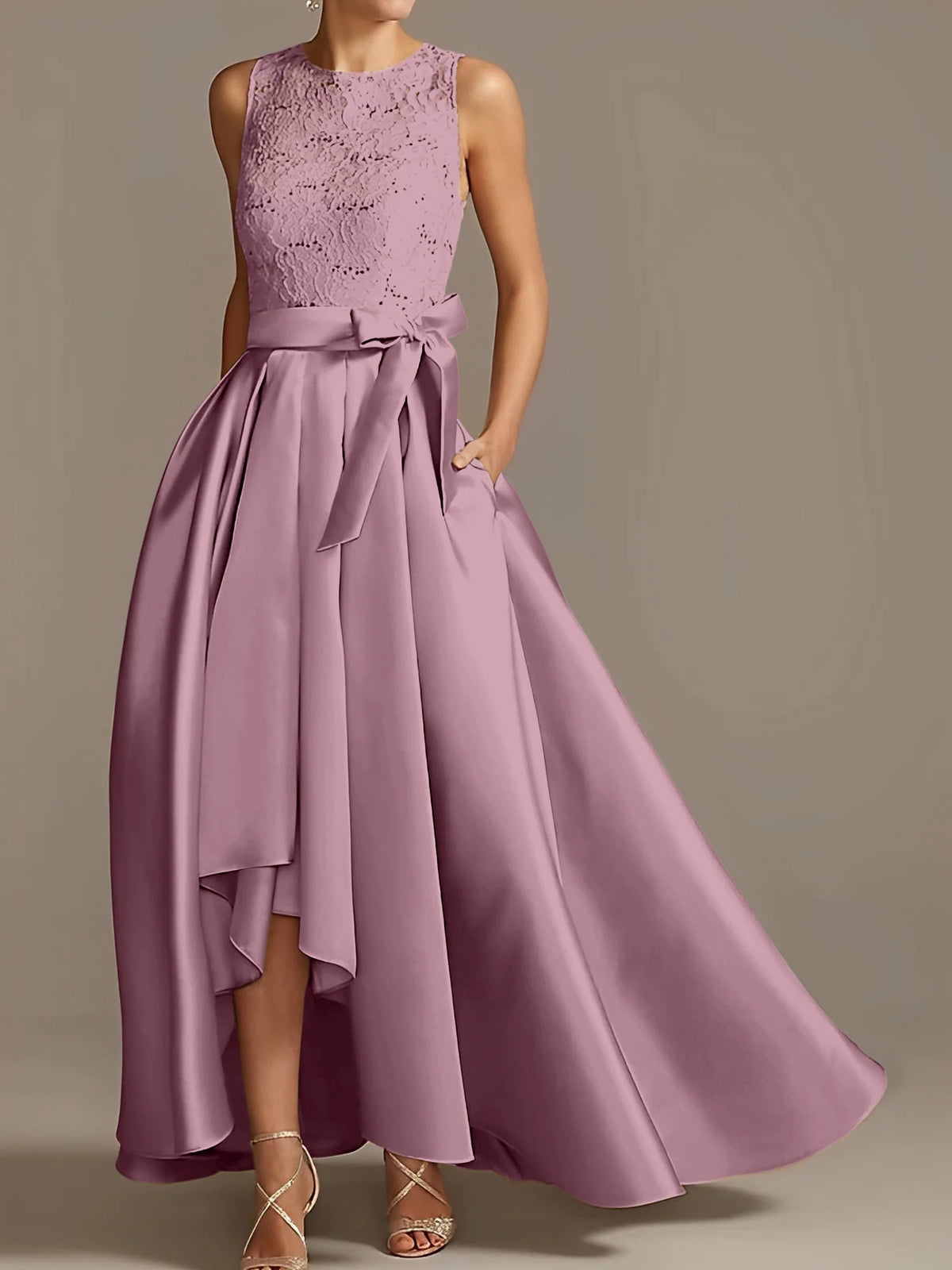 Vestido de madre de la novia de encaje plisado sin mangas con cuello princesa/línea A