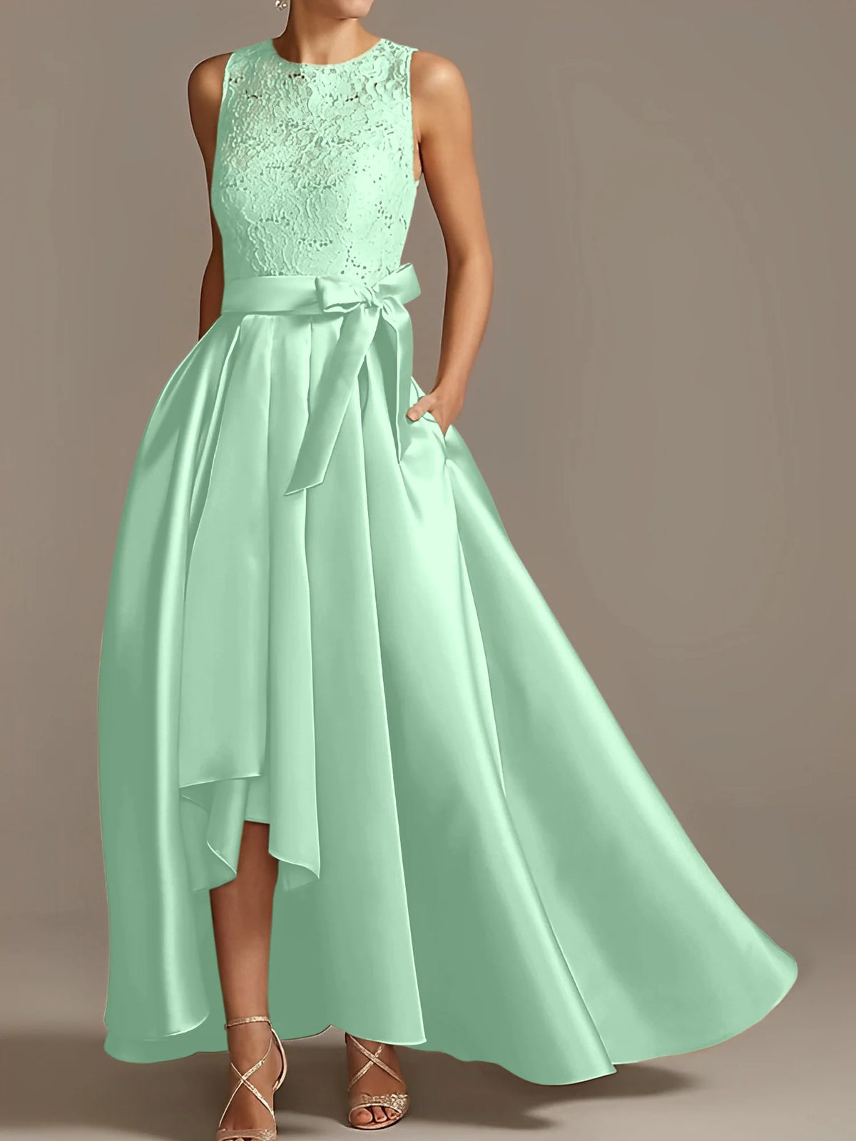 Vestido de madre de la novia de encaje plisado sin mangas con cuello princesa/línea A