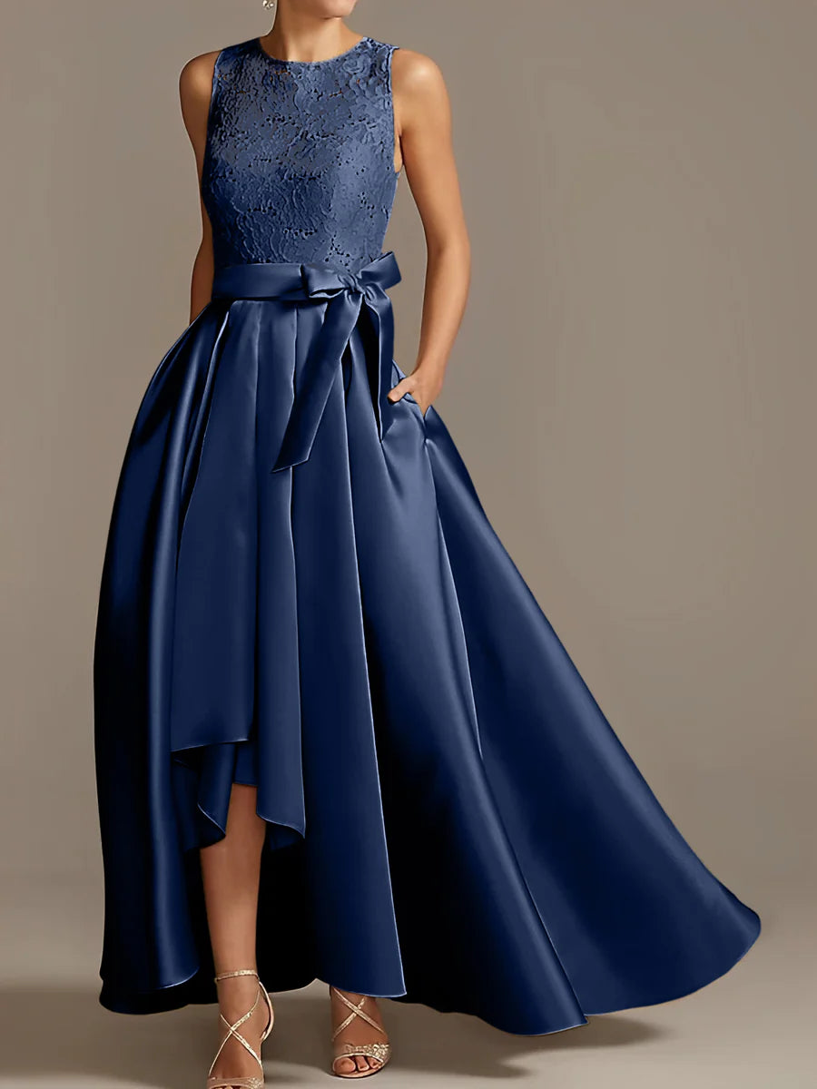 Vestido de madre de la novia de encaje plisado sin mangas con cuello princesa/línea A